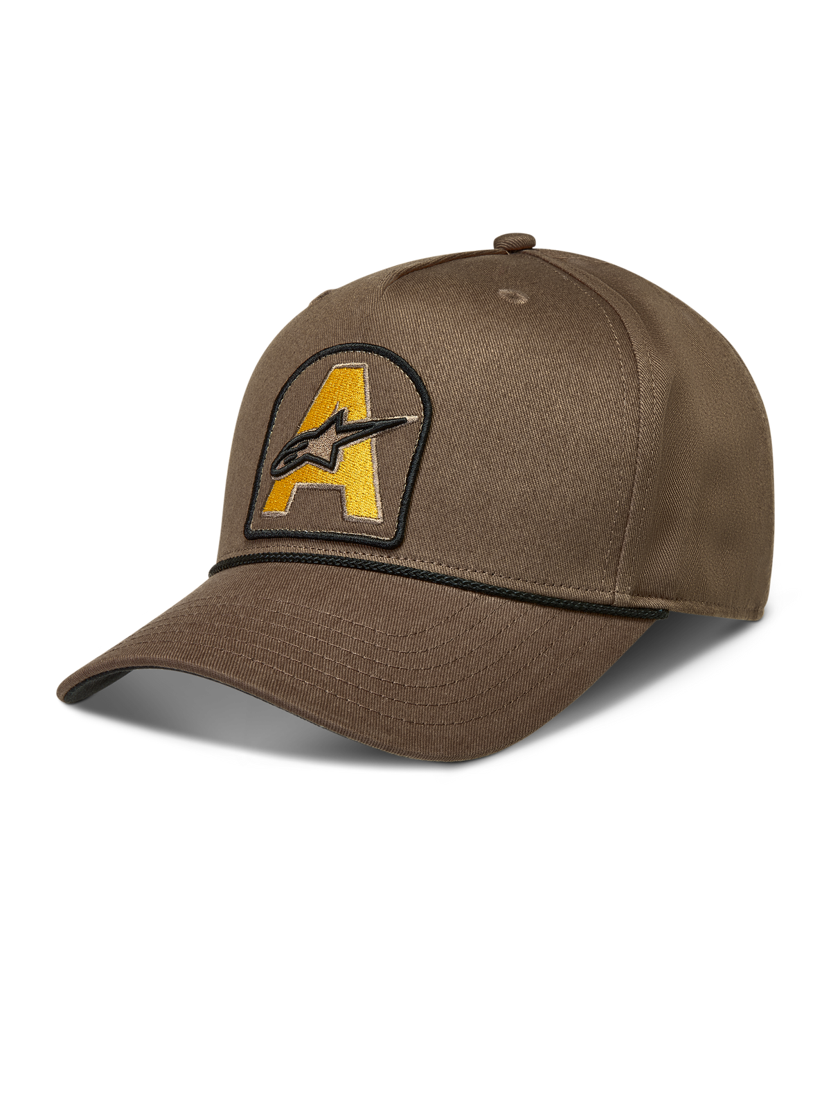 Alpinestars Acme Snapback keps, nötbrun sportkeps med böjd skärm, gul Astars-logotyp och svart repkant.