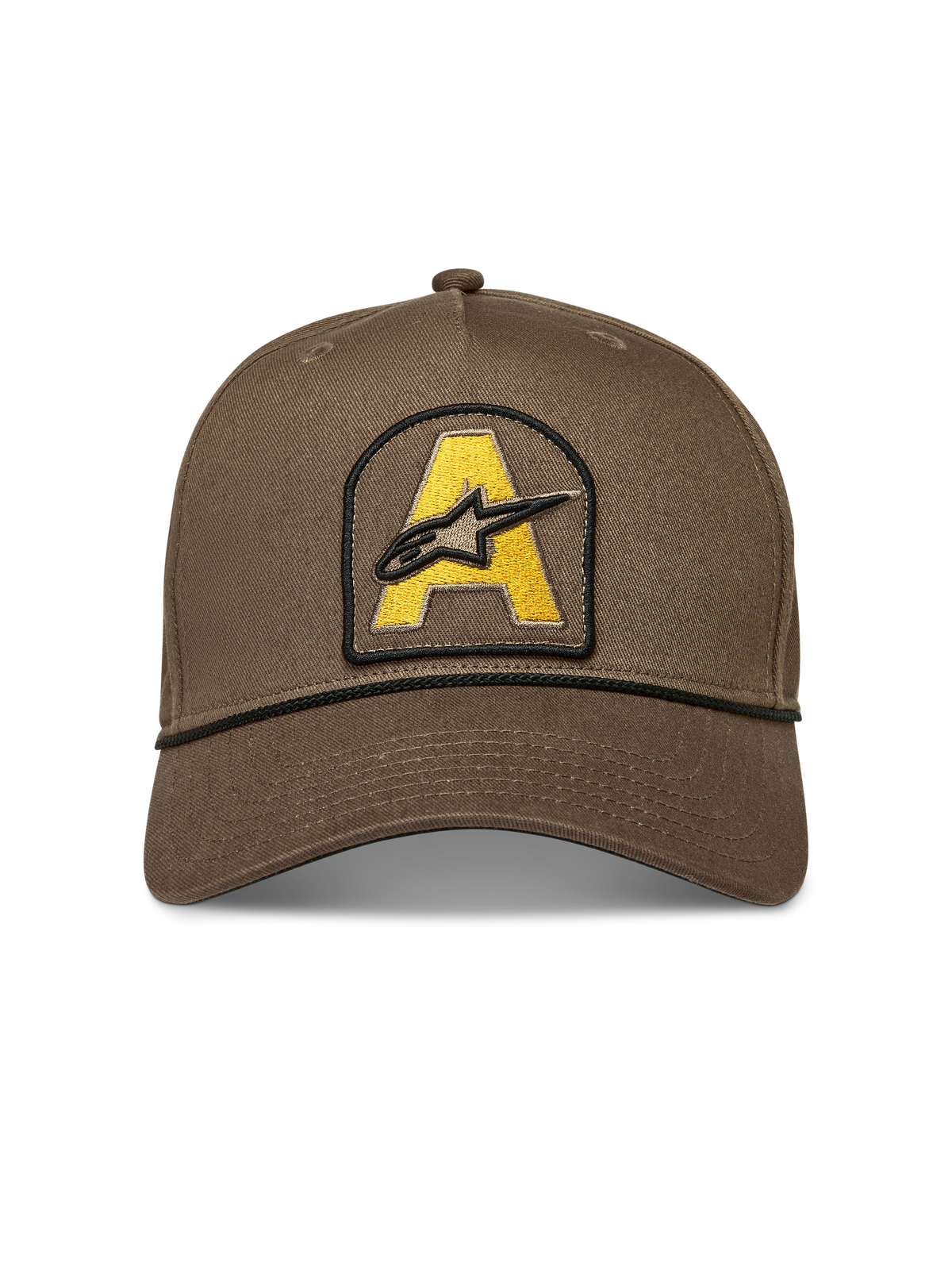 Alpinestars Acme Snapback Hatt, brun keps i twill med gul broderad logotyp och svart repkant vid skärmen.