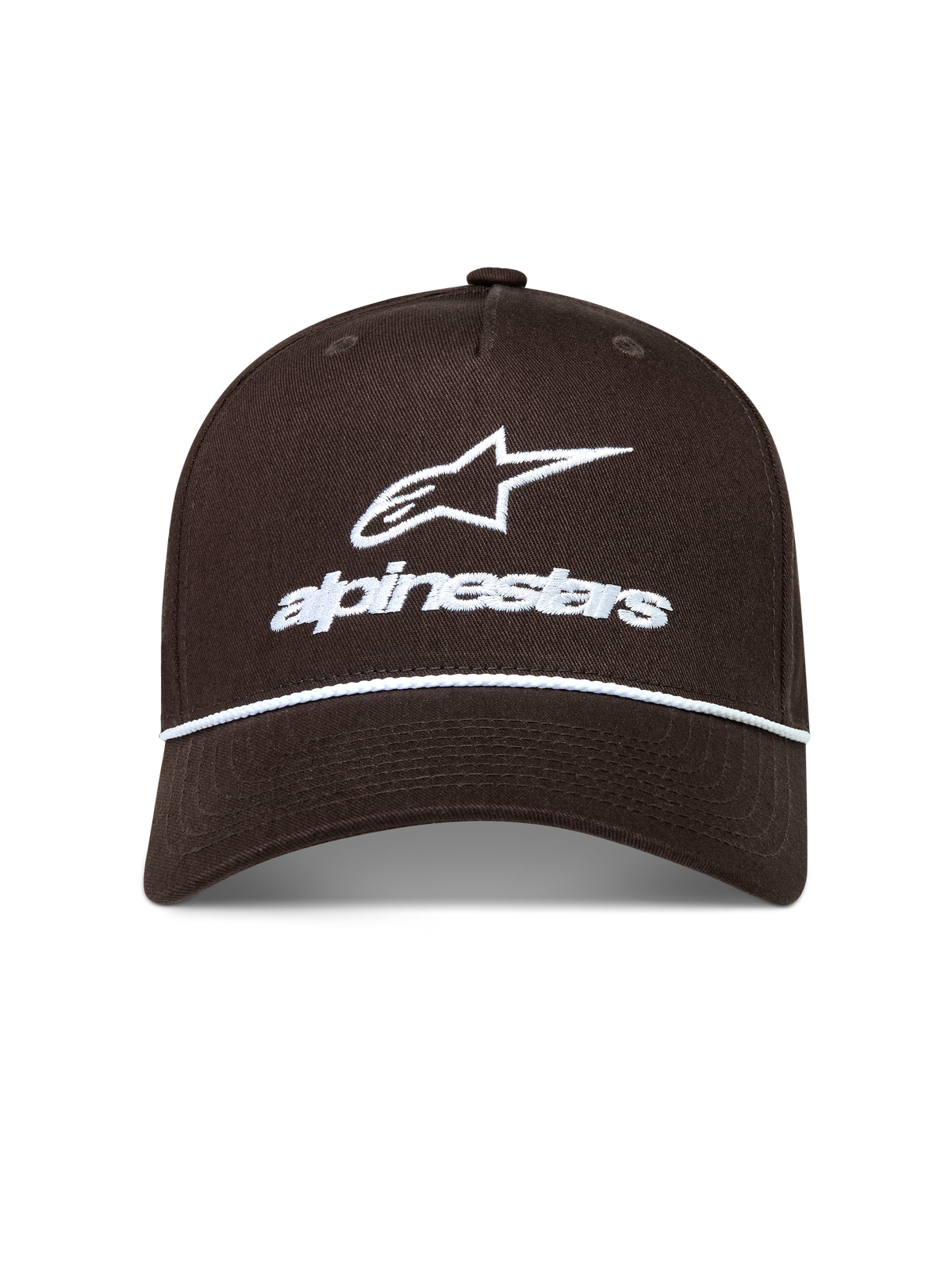 Alpinestars Combo Logo Snapback keps, brun sportkeps med vit broderad logotyp och repsdetalj på den böjda skärmen.