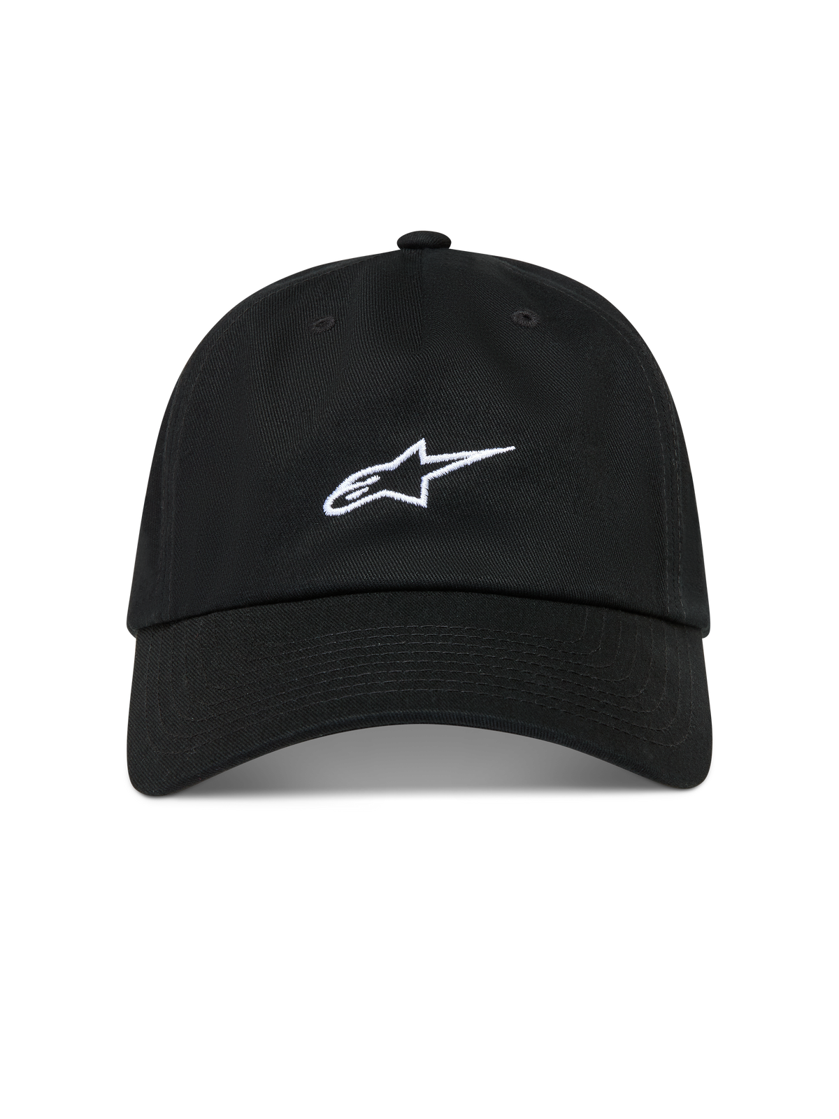 Alpinestars Dylan Dad Hatt, svart keps i bomullstwill med vit broderad Astars-logotyp, böjd skärm och ostrukturerad låg krona.