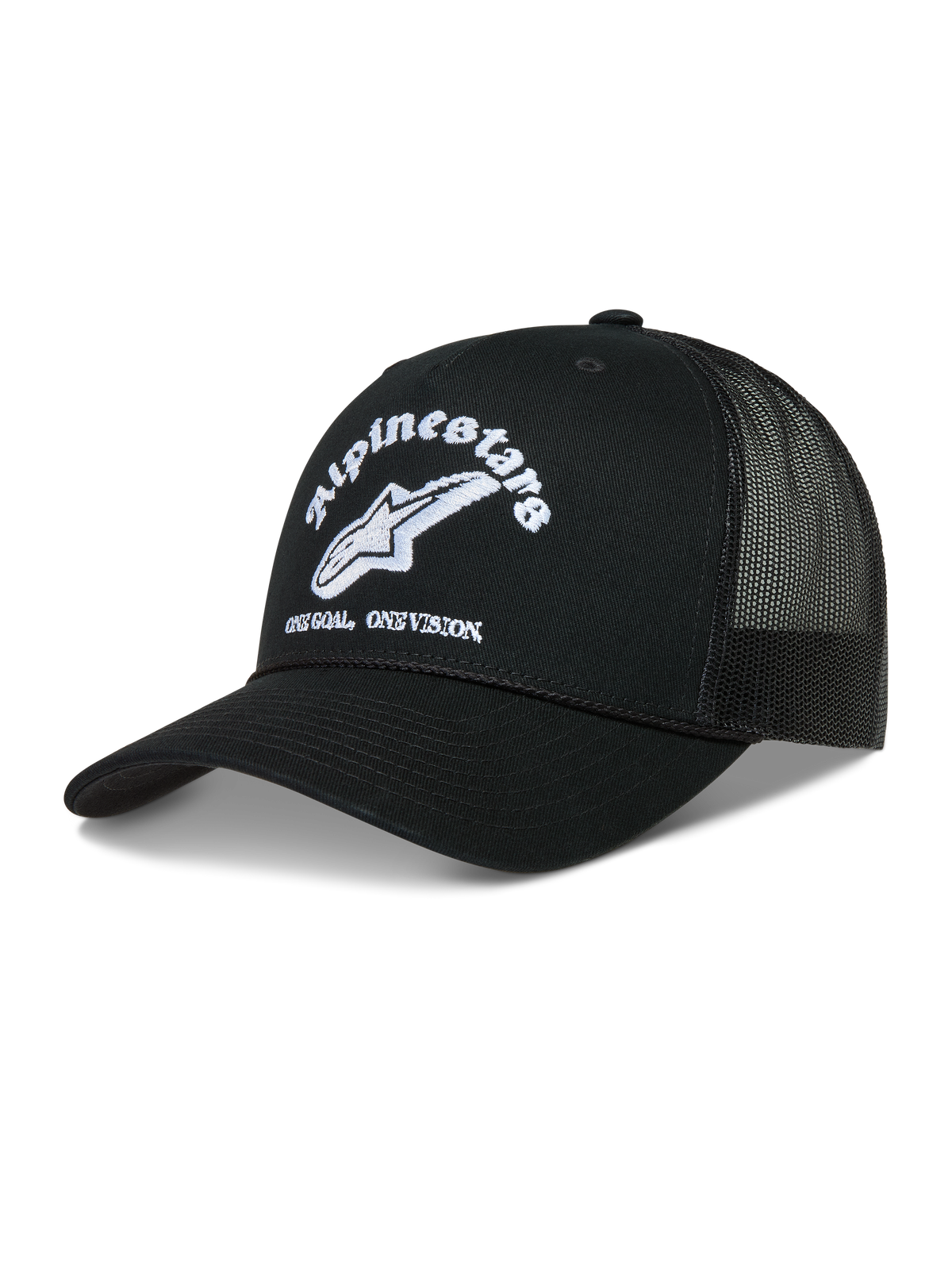 Alpinestars Baron Trucker keps, svart sportkeps med vit broderad logotyp, böjd skärm och ventilerande meshbaksida.