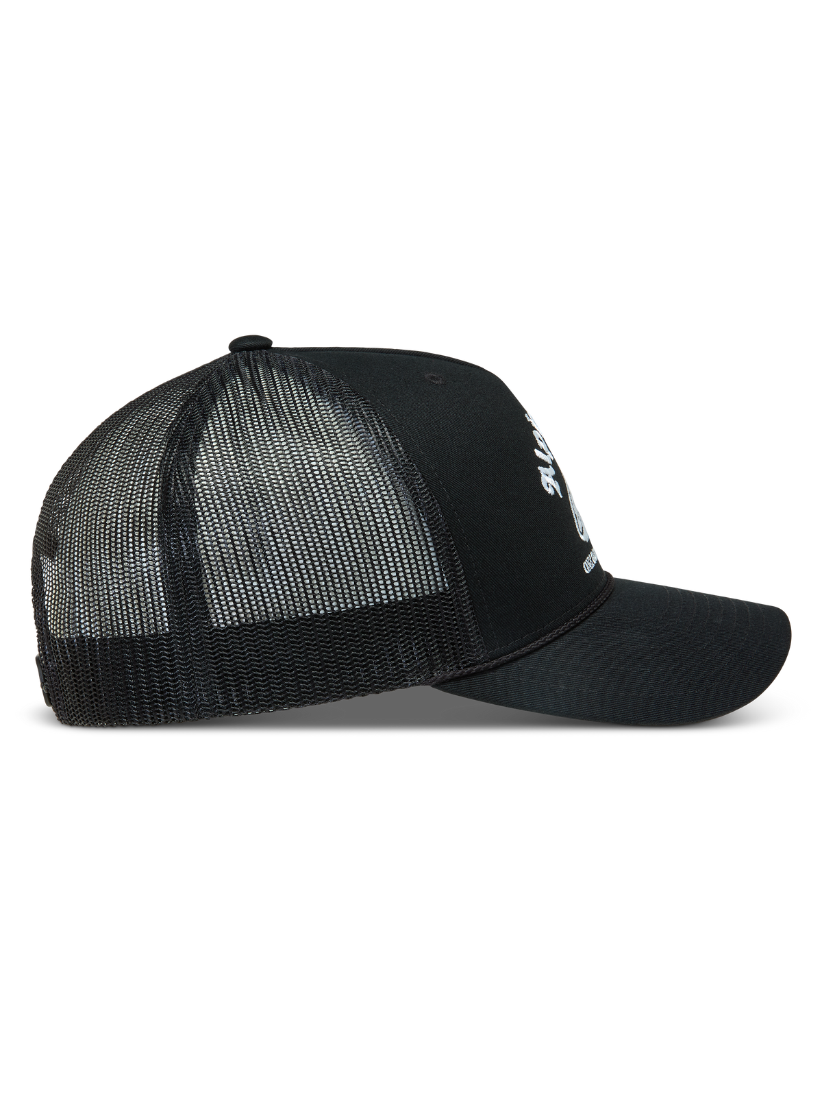Alpinestars Baron Trucker keps, svart med vit logotyp, sidovy med meshbaksida och böjd skärm.