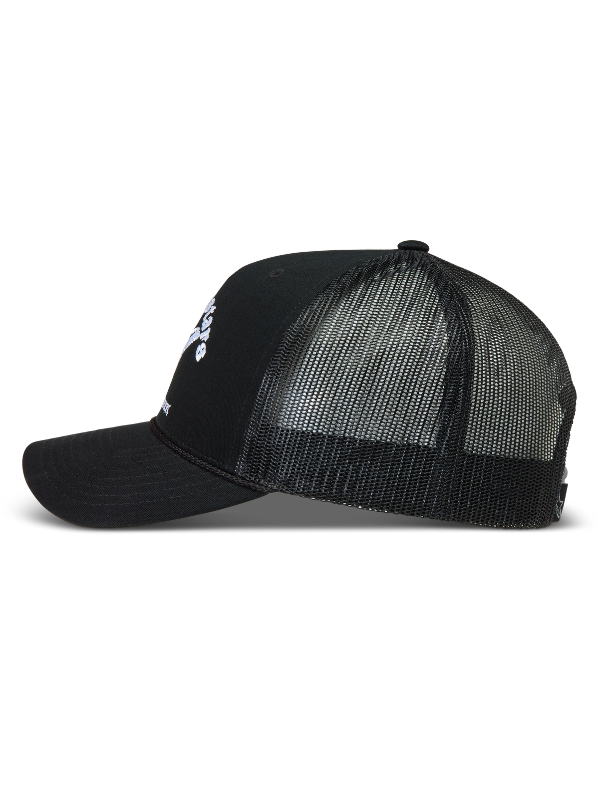 Alpinestars Baron truckerkeps, svart keps med andningsbar mesh-baksida, böjd skärm och strukturerad front.