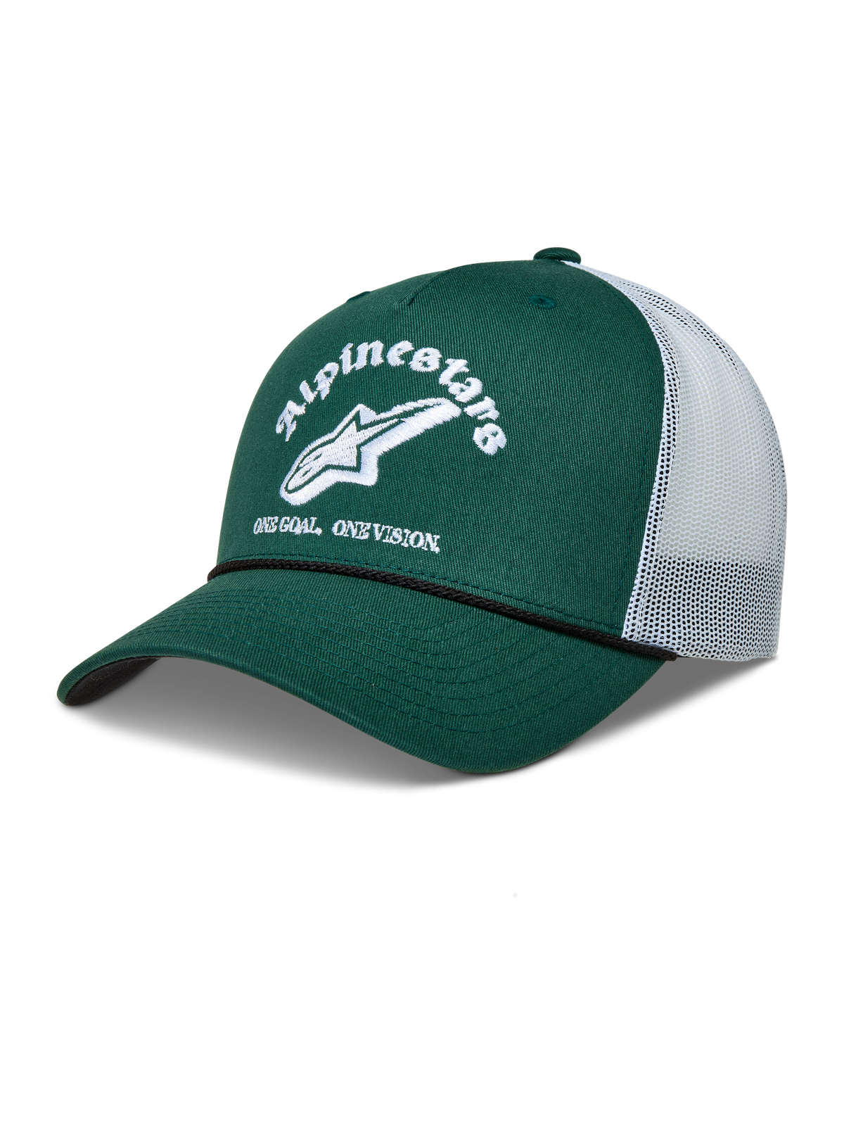Alpinestars Baron Trucker keps, grön och vit sportkeps med böjd skärm, meshbaksida och broderad logotyp.