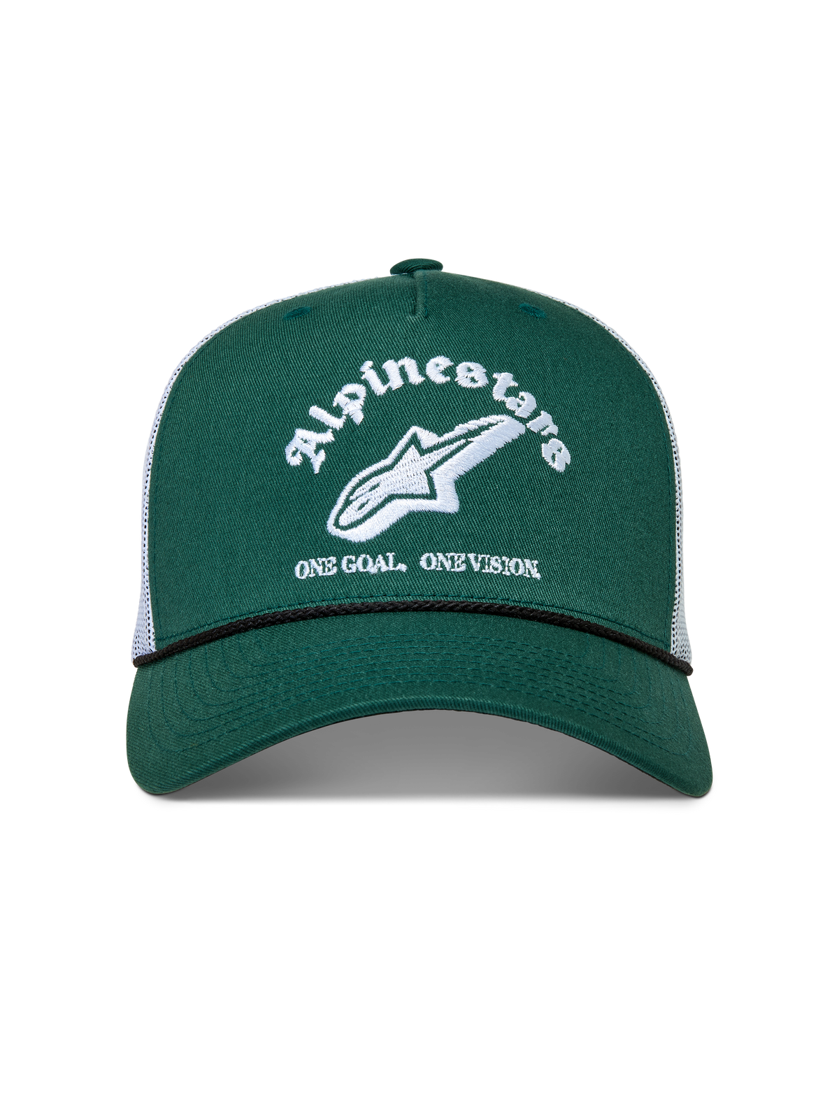 Alpinestars Baron Trucker keps, grön och vit sportkeps med böjd skärm, strukturerad krona och vit logotyp.