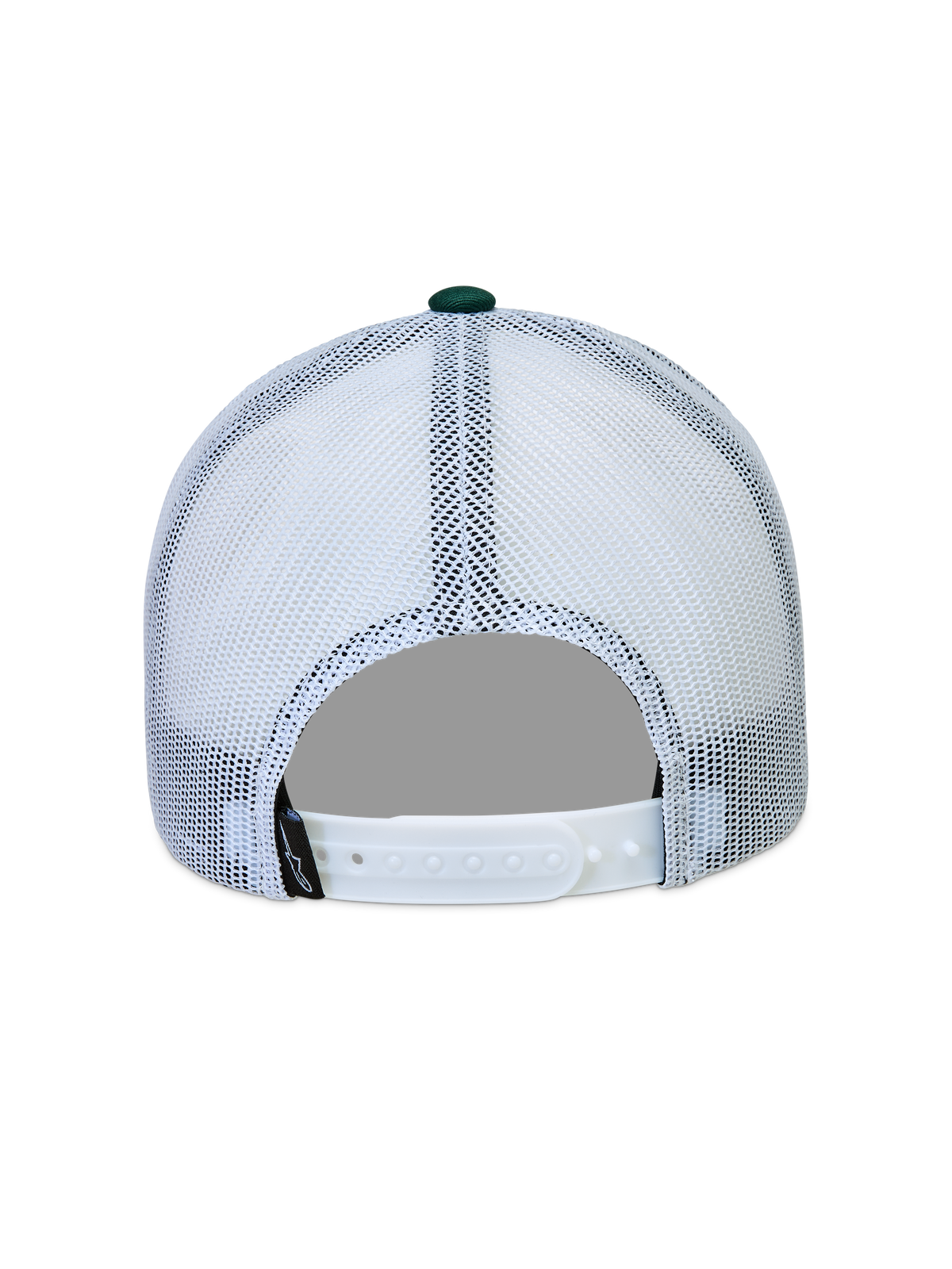 Alpinestars Baron Trucker keps, vit och grön sportkeps sedd bakifrån med vita meshpaneler och justerbar snapback-stängning.