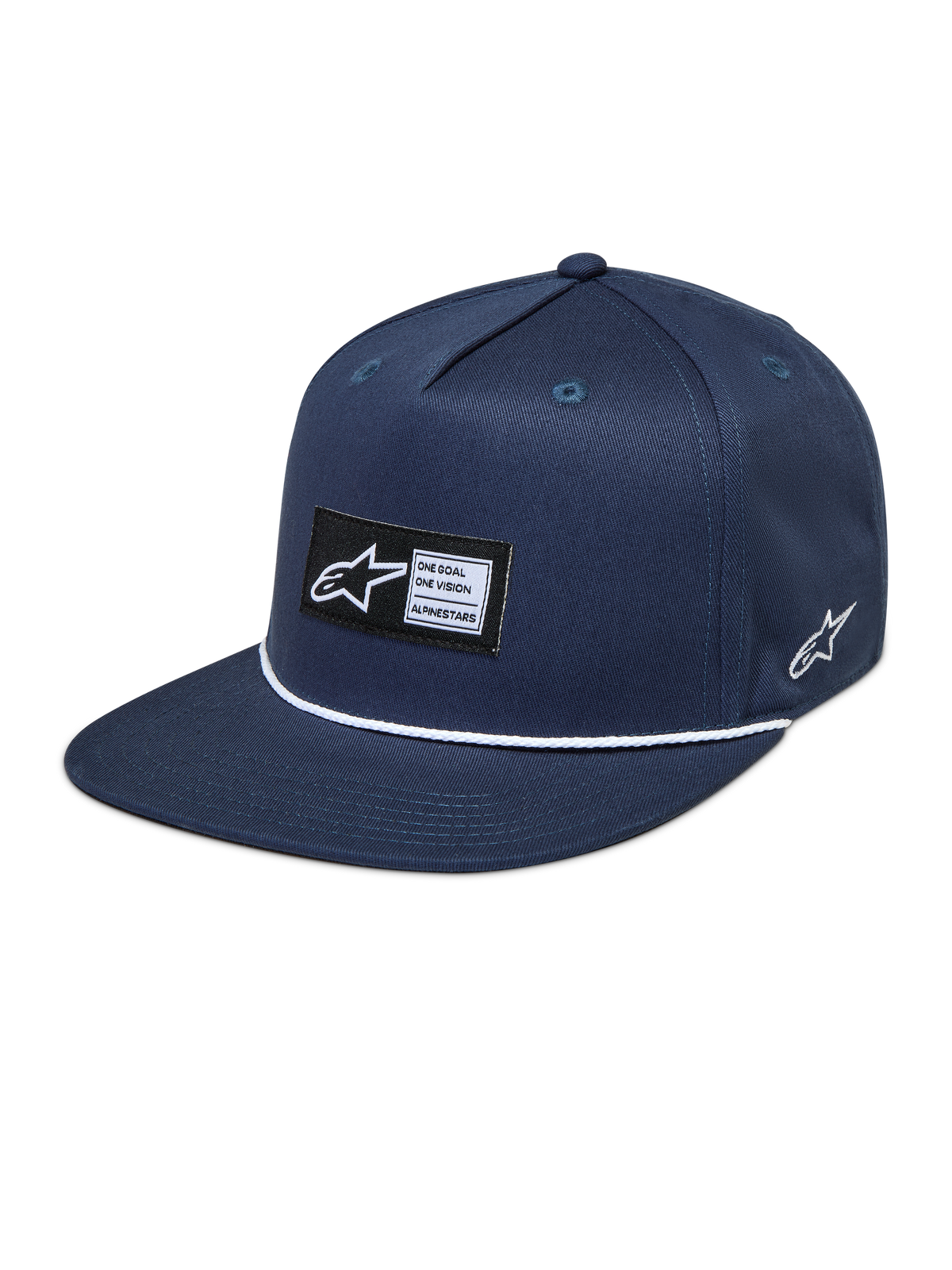 Alpinestars Label Snapback hatt, marinblå keps med platt skärm, vitt repsnöre och vävd logotyplapp, slitstarkt twilltyg