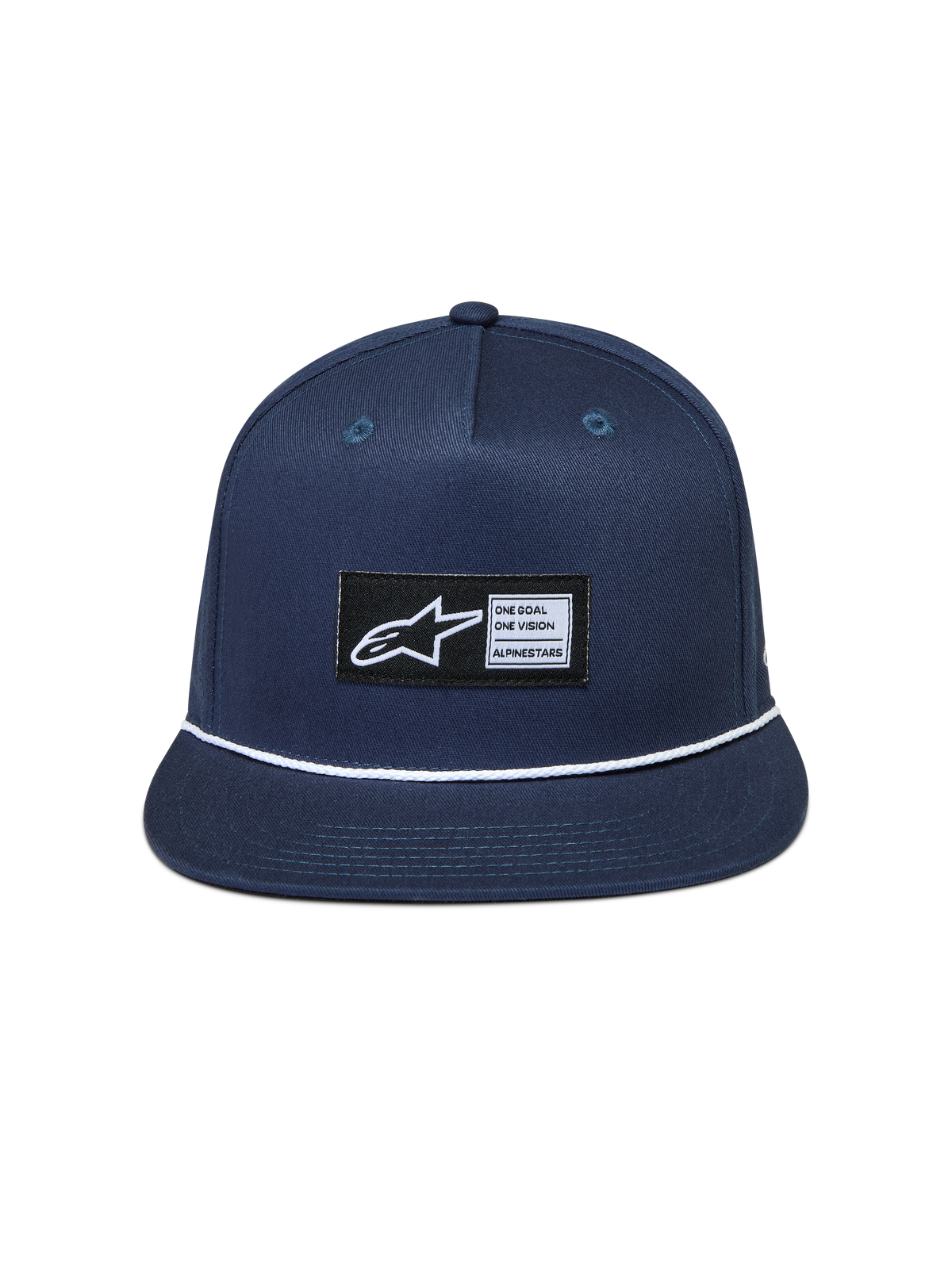 Alpinestars Label Snapback Hatt, marinblå keps i twilltyg med platt skärm, vit repdetalj och vävd logotyp.