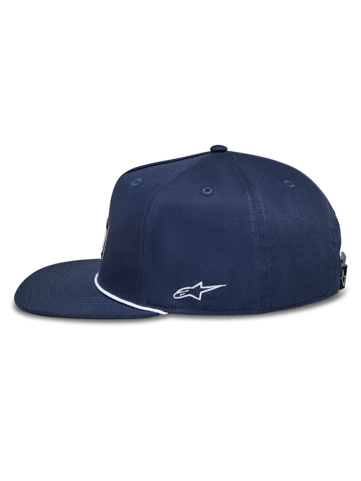 Alpinestars Label Snapback hatt, marinblå keps med platt skärm och vit Astars-logotyp broderad på sidan.