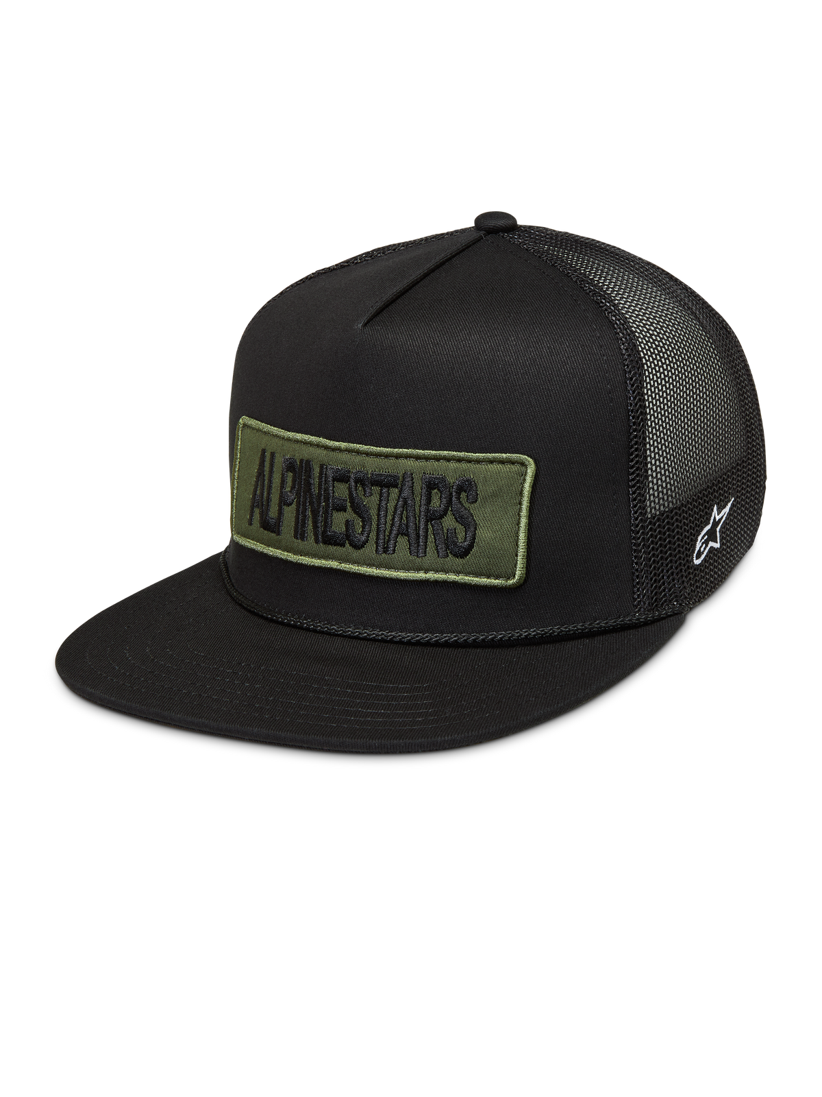 Alpinestars Ten Trucker keps, svart med olivgrönt broderat logomärke, vit sidologotyp och meshbaksida.