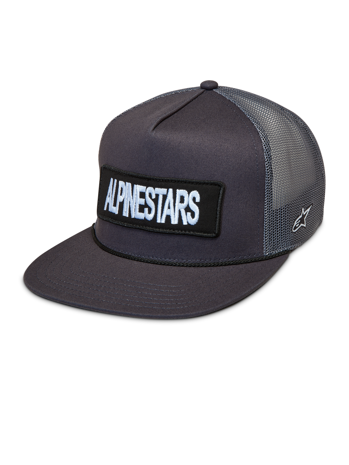Alpinestars Ten Trucker keps, mörkgrå keps med platt skärm, broderad logotyp fram och ventilerande meshpaneler.