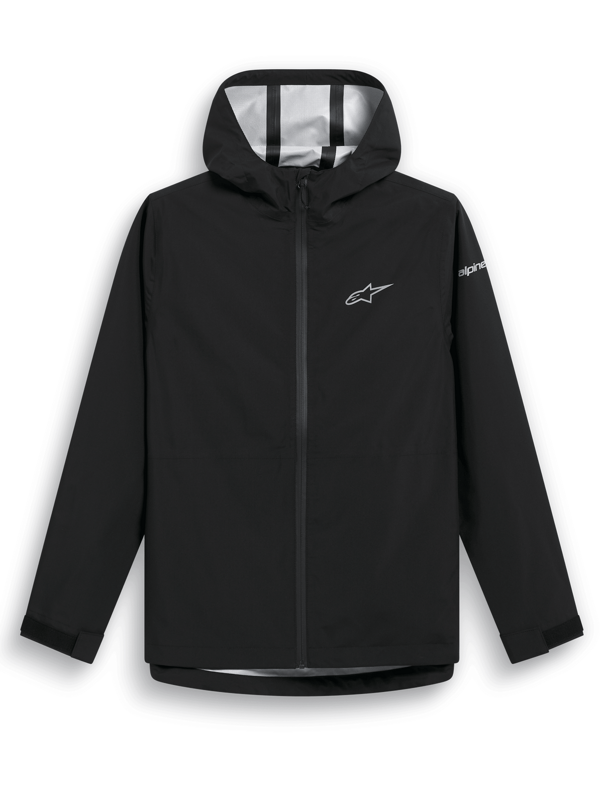 Alpinestars Kascade Rain Jacket, Black rain shell jacket, water-resistant 2.5L fabric with taped seams, fixed hood, coated reverse coil front zipper, Velcro cuff tabs, white Alpinestars star logo on chest and sleeve branding, casual wet-weather gear