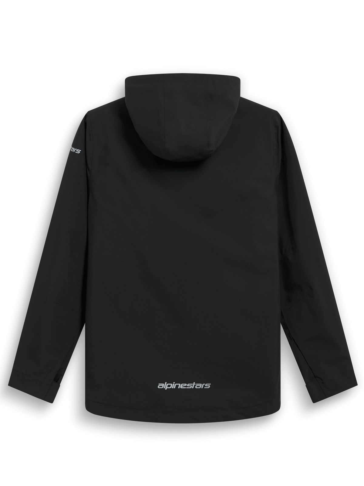 Alpinestars Kascade Rain Jacket, back view, black water-resistant rain shell, fixed hood, silver Alpinestars wordmark on lower back, long sleeves, performance outdoor and motorsport-inspired design