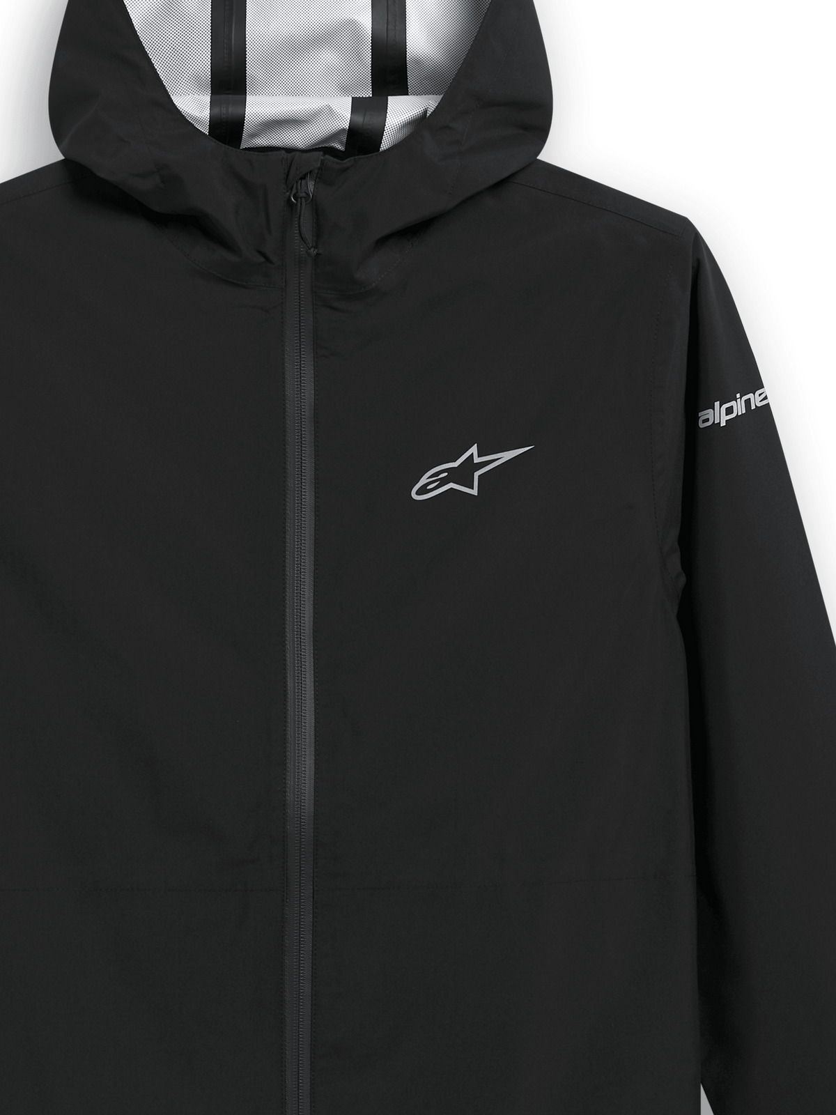 Alpinestars Kascade Rain Jacket, Black rain shell jacket, close-up of chest and hood, silver star logo on chest and branding on sleeve, taped seams visible inside the hood, water-resistant motorsport-inspired outerwear