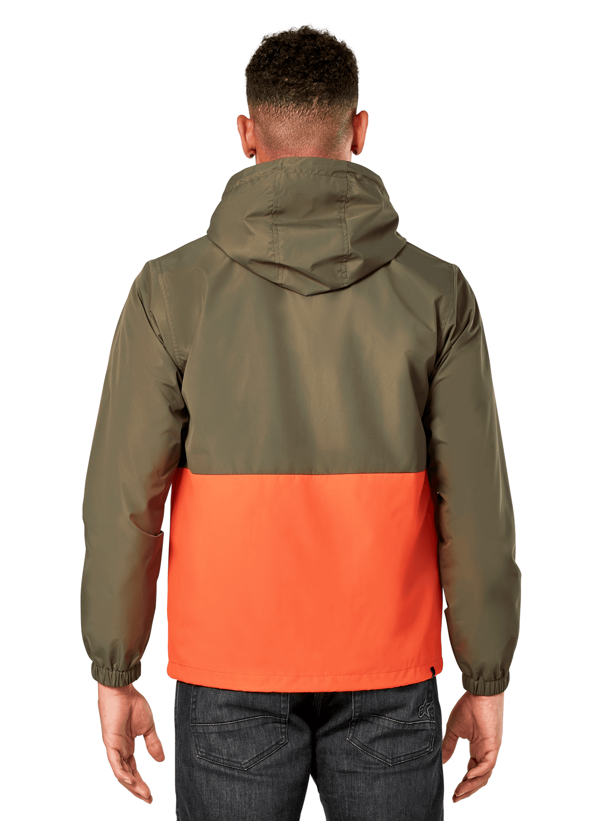 Alpinestars Speeder vindjacka, lätt vindjacka med huva, blockfärgad design i militärgrönt och orange, baksida som visar huva och elastiska muddar, avslappnad sportstil