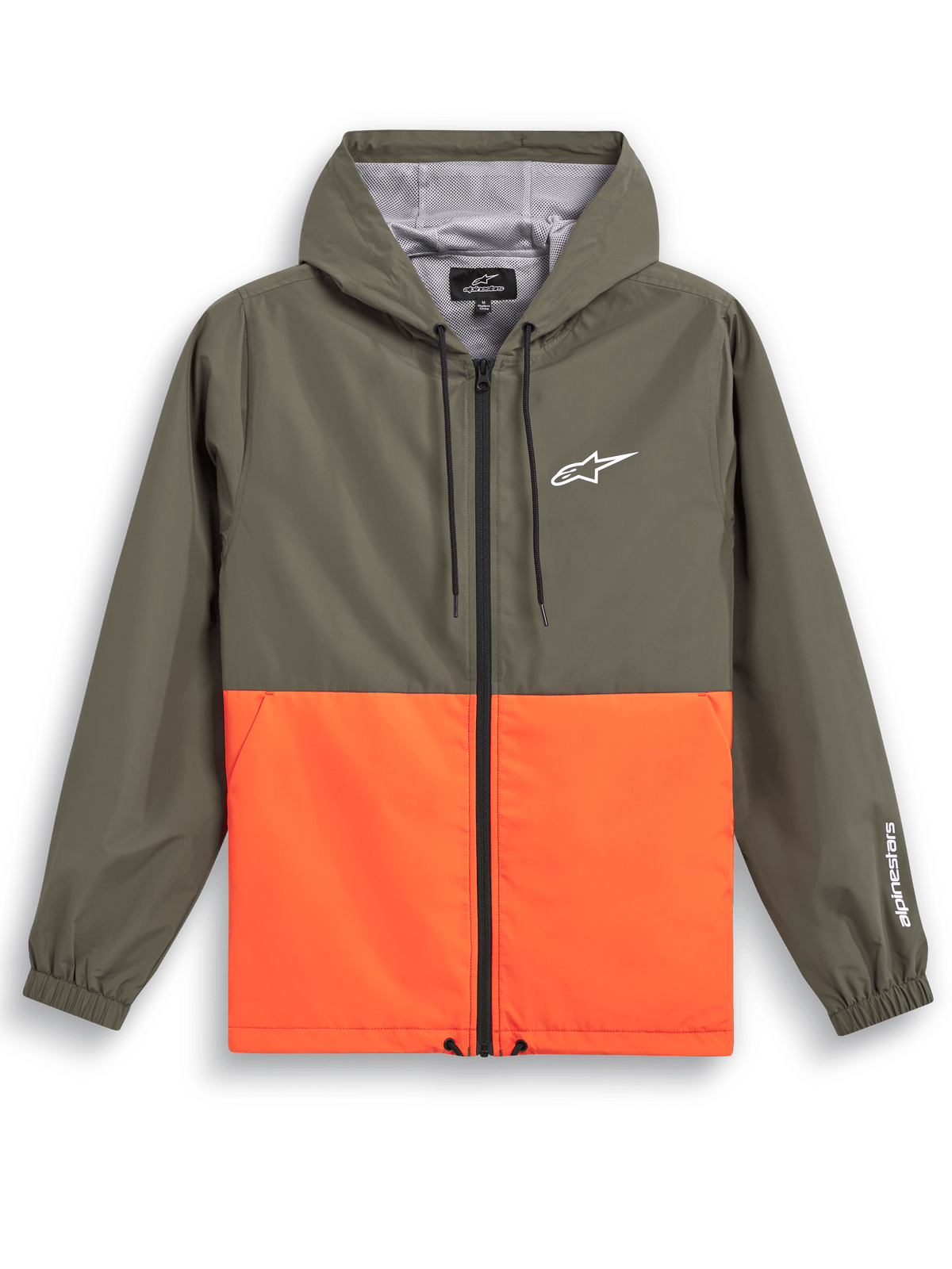 Alpinestars Speeder Windbreaker Jacket, avslappnade sportkläder, olivgrön och livfull orange färgblocksdesign, vit Astars-logotyp på bröst och ärm, huva med meshfoder, justerbara dragsnören, elastiska muddar