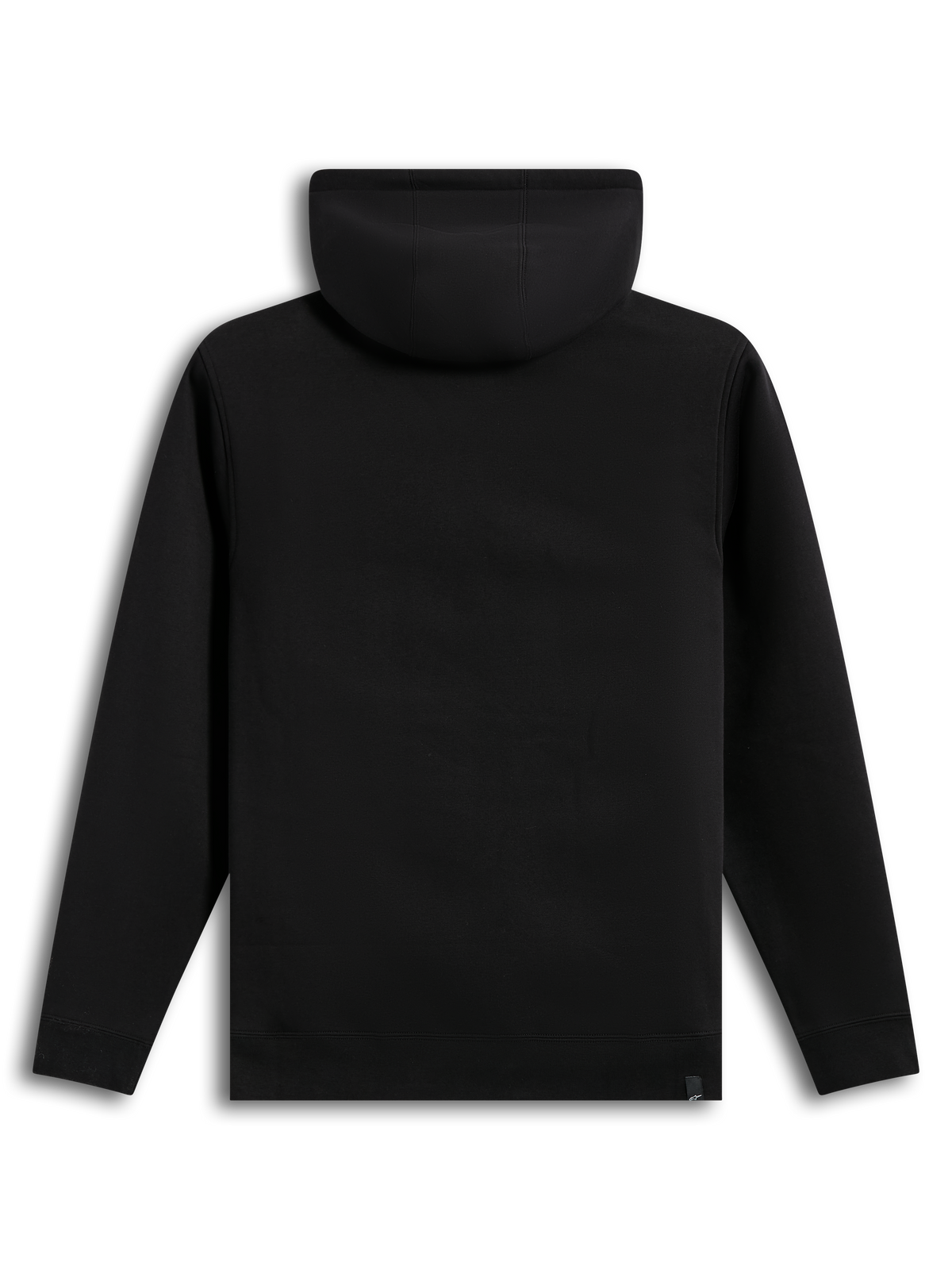 Alpinestars Ageless V3 Hoodie, baksida av svart fleecehuvtröja med ribbade muddar och fåll.
