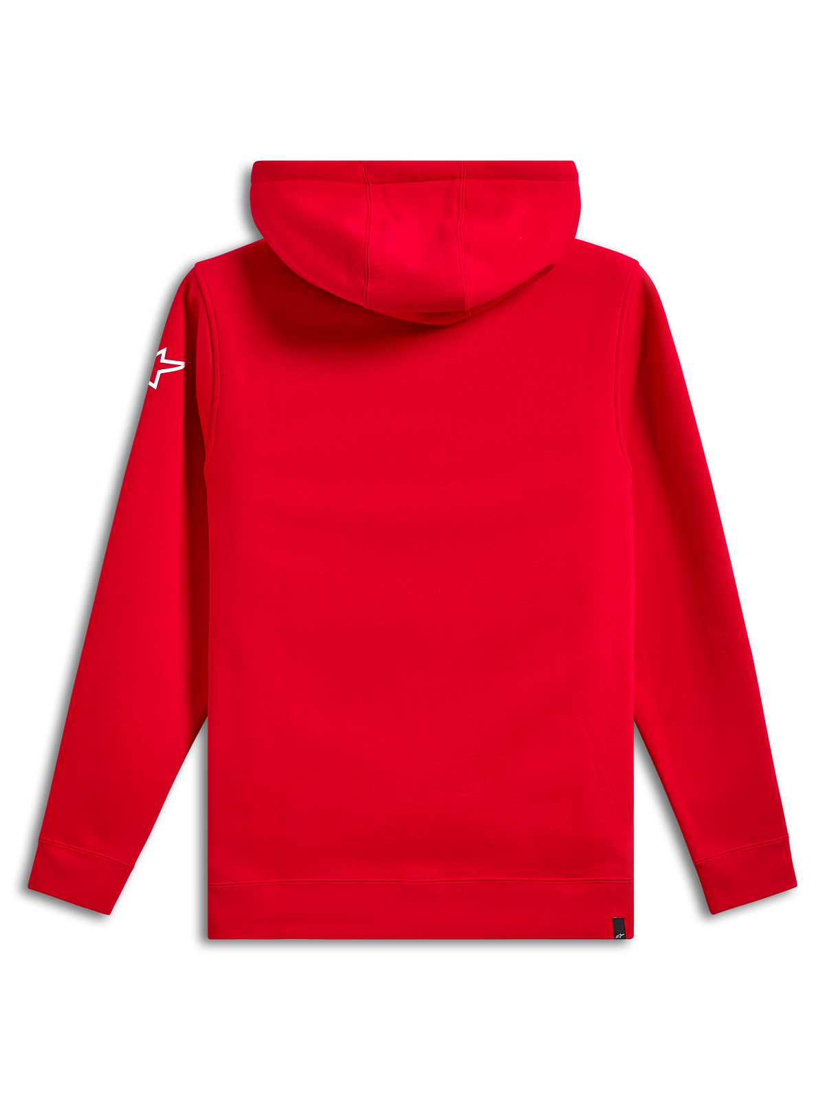 Alpinestars Linear Wordmark V3 Hoodie, baksida, enfärgad röd, vit Ageless-stjärnlogotyp på ärmen, huvtröja i fleece med ribbade muddar och fåll, casual motorsport-streetwear