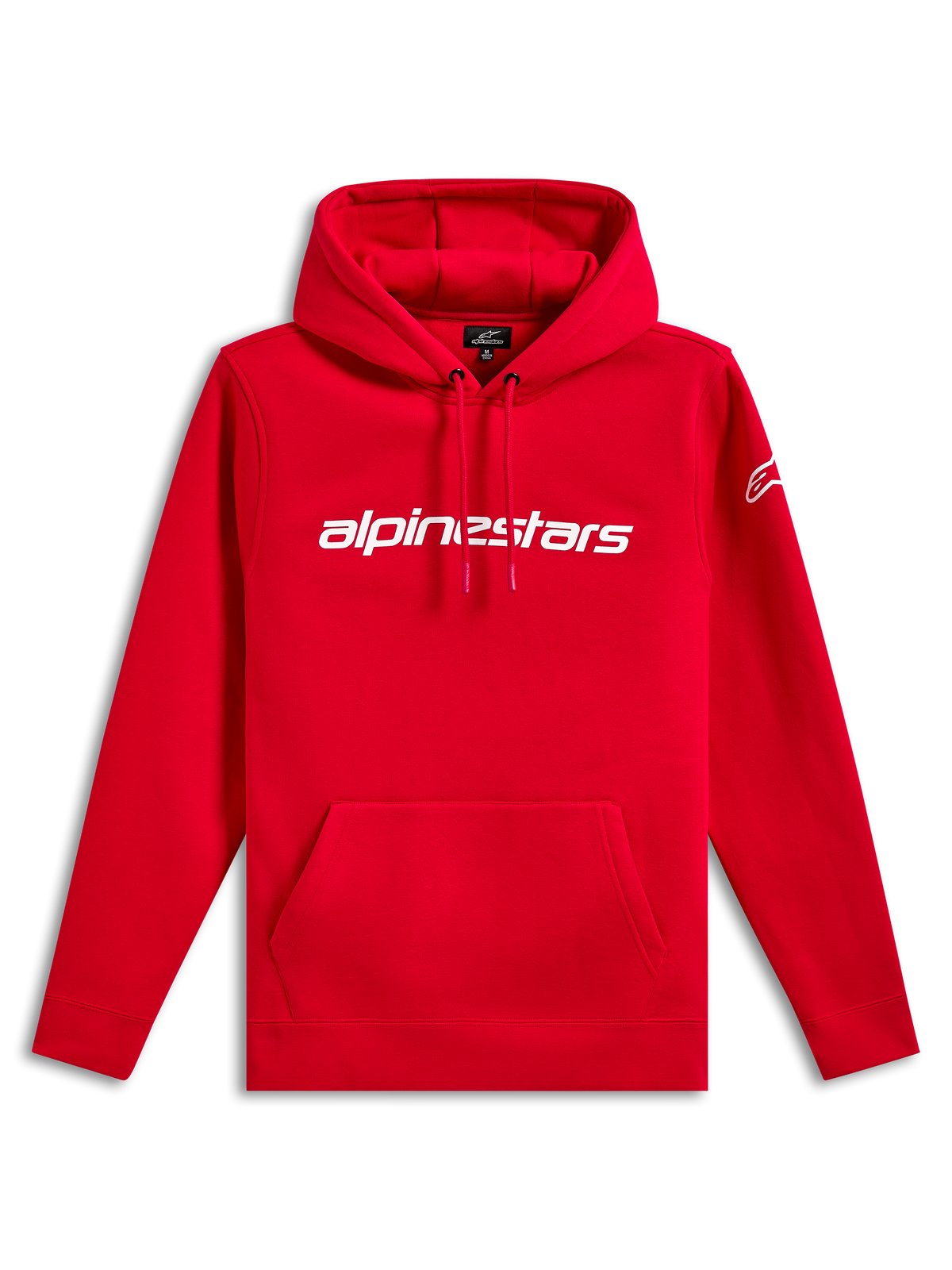 Alpinestars Linear Wordmark V3 Hoodie, casual streetwear, röd med vit Alpinestars-textlogotyp på bröstet, vit Ageless-logotyp på ärmen, huva med dragsko, känguruficka, ribbade muddar och fåll
