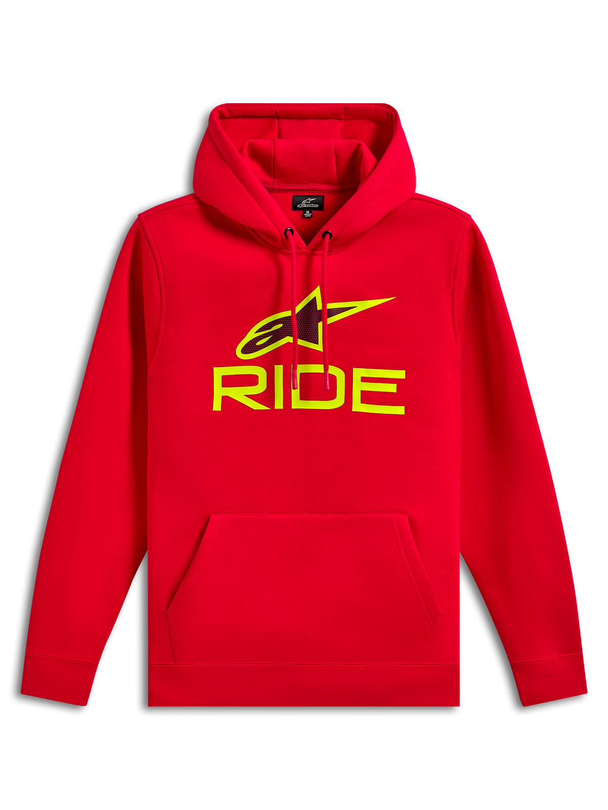 Alpinestars Ride V3 Huvtröja, röd fleecetröja, neongul RIDE-logotyp och Astars-symbol med svart perforerat tryck, huva med dragsko, känguruficka fram, casual motorsport-streetwear