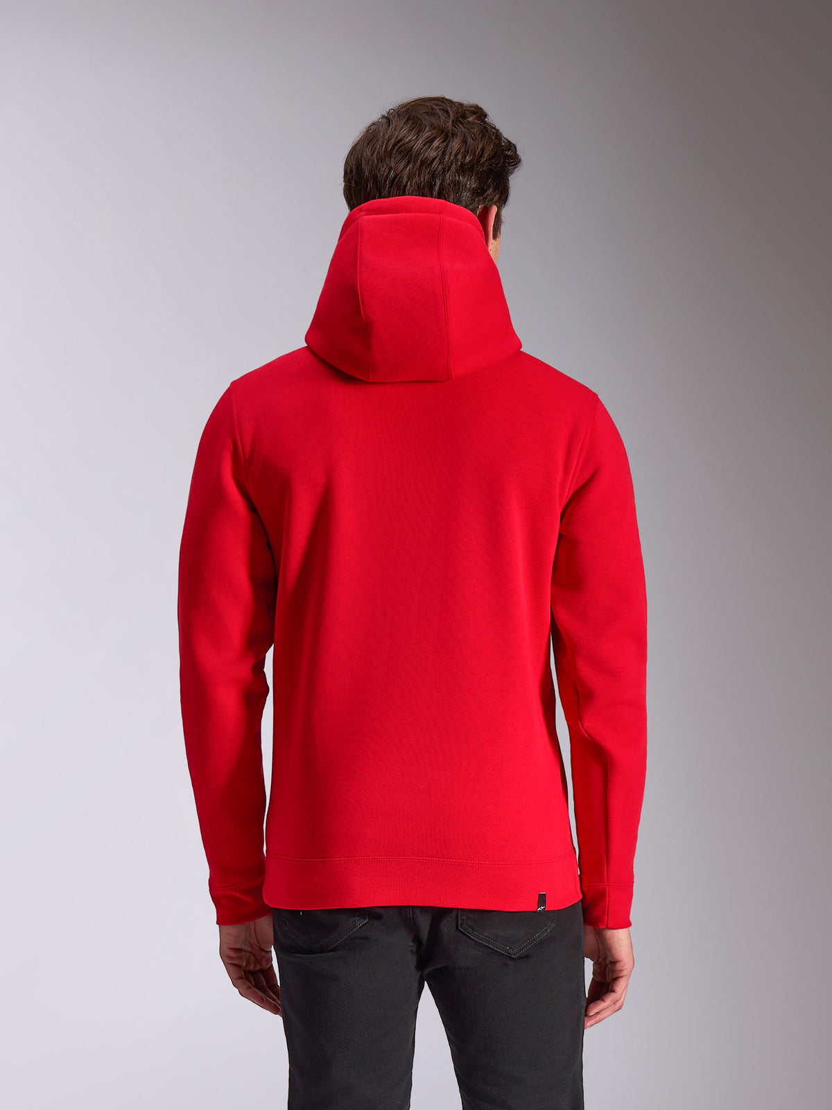 Alpinestars Ride V3 Huvtröja, vardagligt motorsport-streetwear, röd pullover-huvtröja, sedd bakifrån, enfärgad röd, ribbade muddar och fåll, jerseyfodrad huva