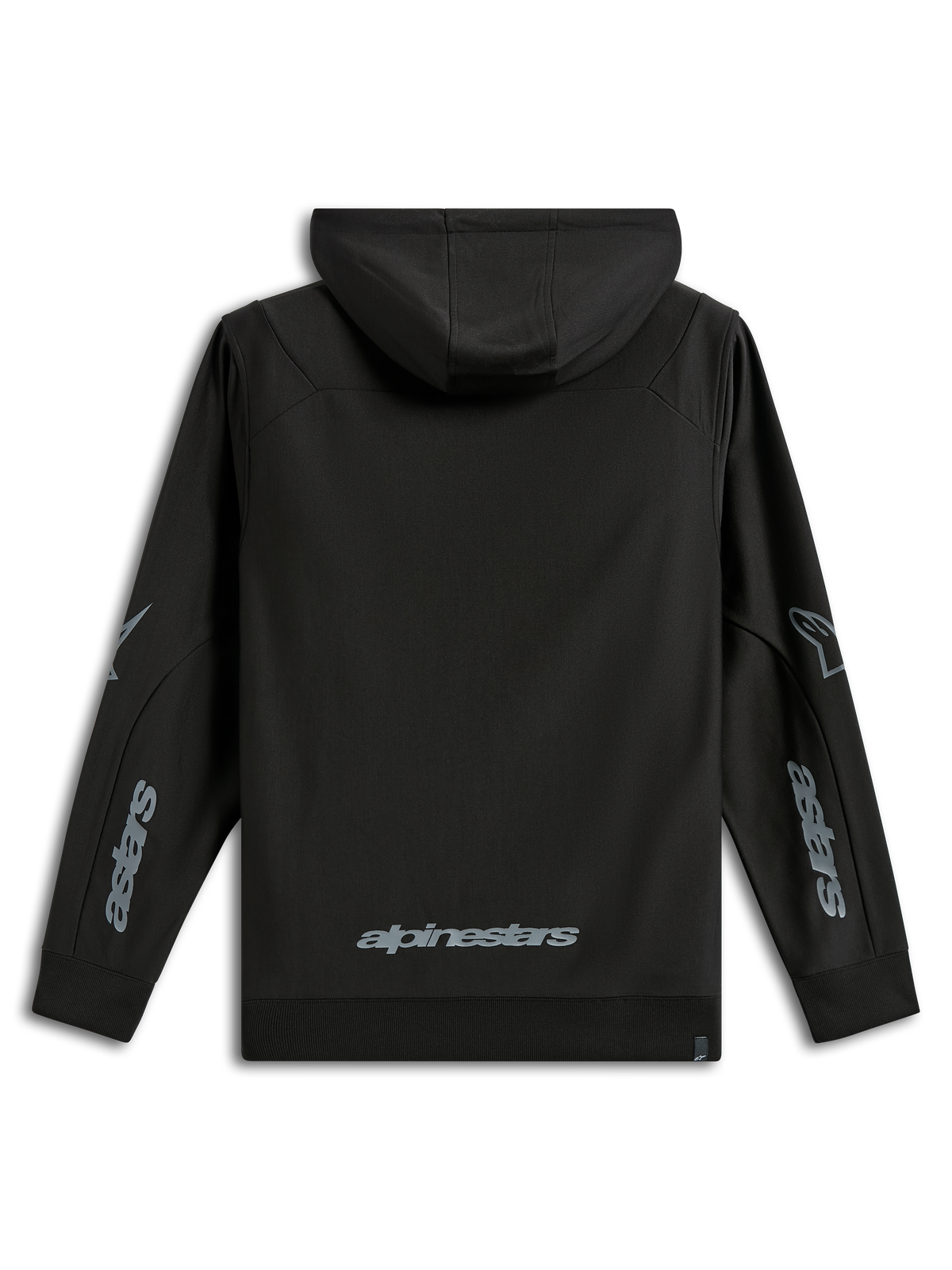 Alpinestars Sessions V3 Hoodie, avslappnade sportkläder, svart med grå märkning, baksida med Alpinestars ordmärke på nedre delen av ryggen och Astars-grafik på ärmarna, huvtröja i polyfleece med ribbade muddar, modern motorsportinspirerad design