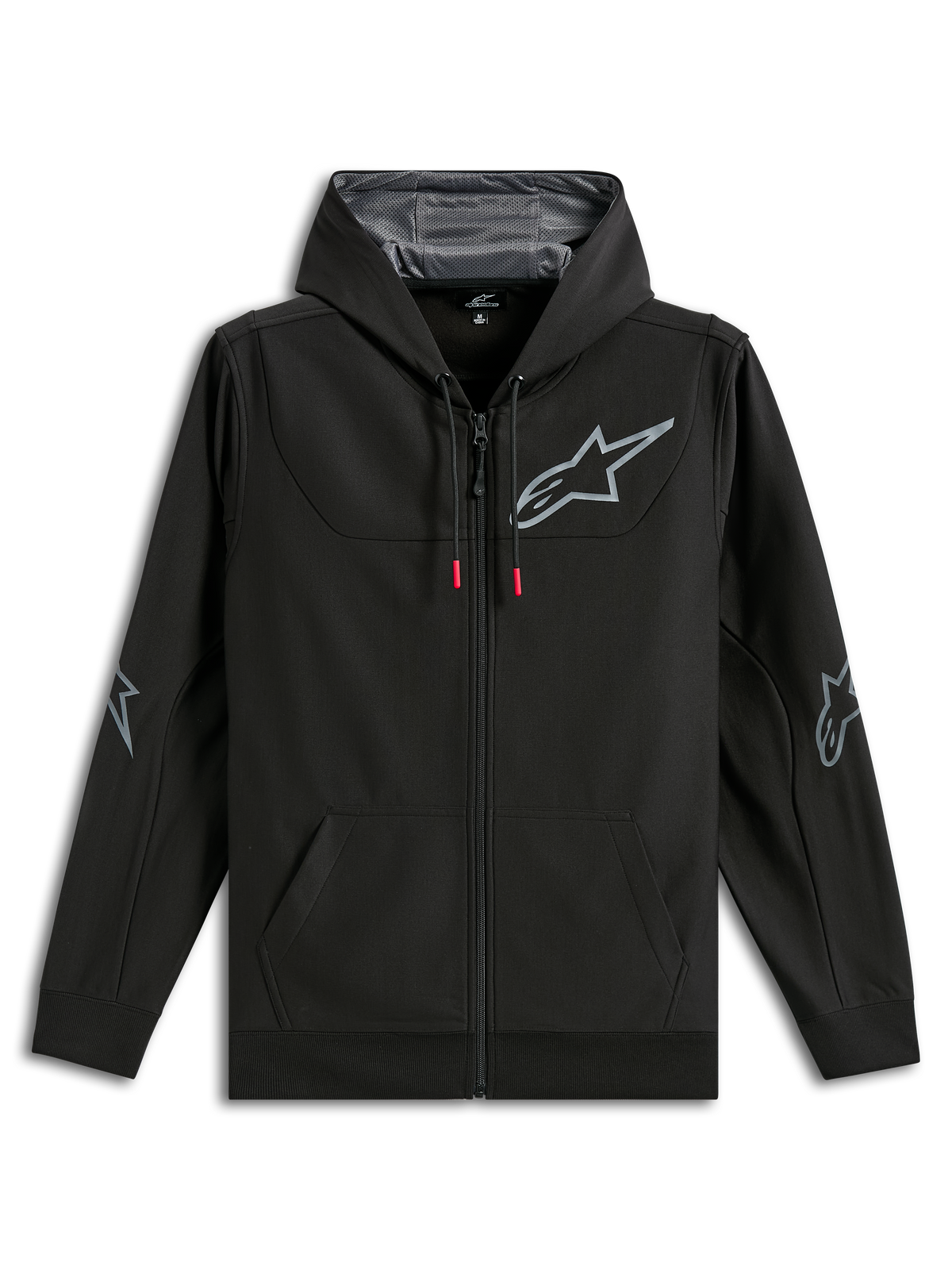 Alpinestars Sessions V3 Hoodie, svart huvtröja i polyfleece med dragkedja, grå Alpinestars stjärnlogotyp på bröstet och armbågarna, röda detaljer på dragskorna, meshfodrad huva, casual motorsport-streetwear