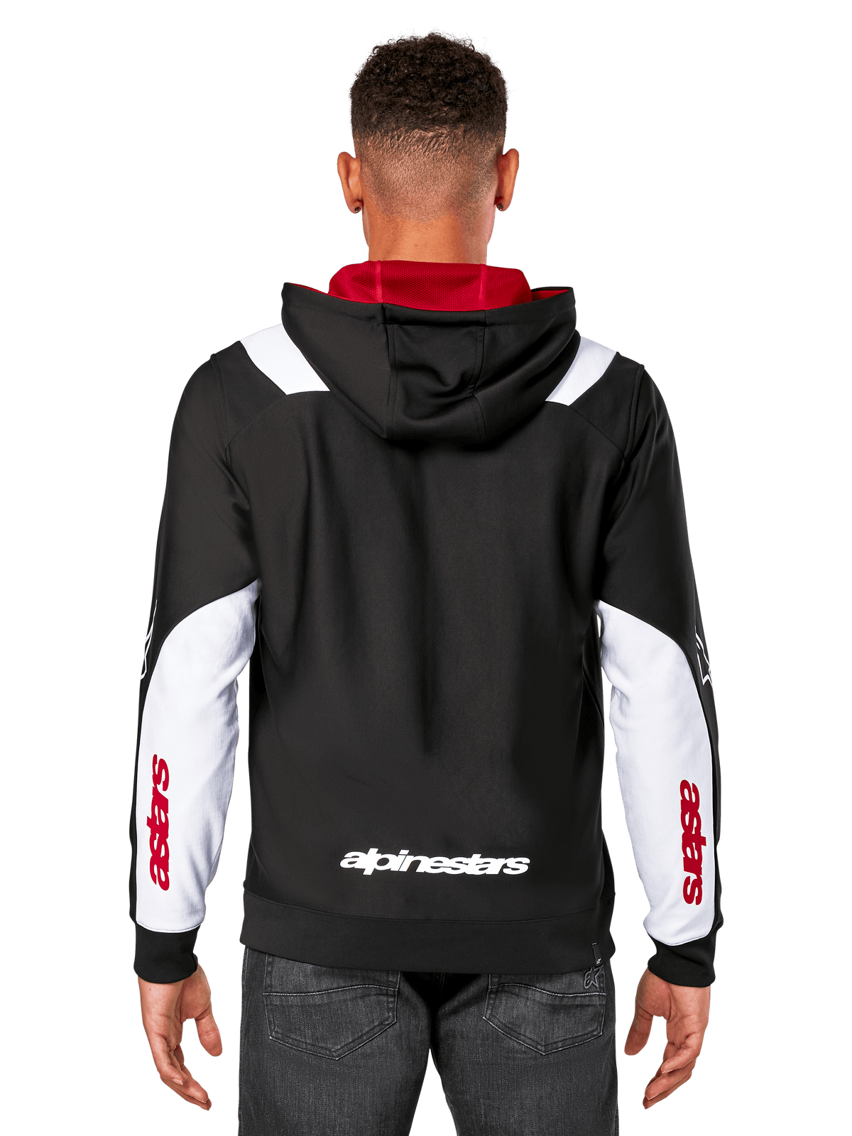 Alpinestars Sessions V3 Hoodie, baksida, svart med vita ärmpaneler och rött foder i huvan, med vitt ordmärke på ryggen och röd logotyp på ärmarna, vardaglig motorsportinspirerad streetwear