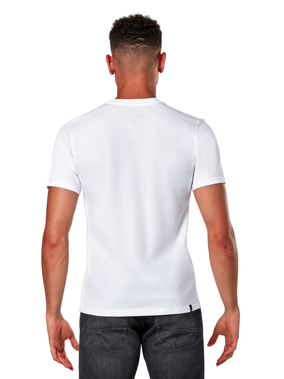 Alpinestars Elliptic CSF Tee, kortärmad t-shirt, vit, ryggvy på modell som bär mörkgrå jeans, casual motorsport-streetwear