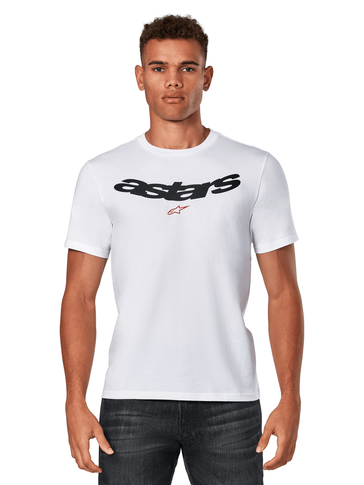 Alpinestars Elliptic CSF Tee, vit kortärmad t-shirt som bärs av en modell, svart bågad Astars-logotyp med röd stjärngrafik på bröstet, avslappnade motorsportkläder