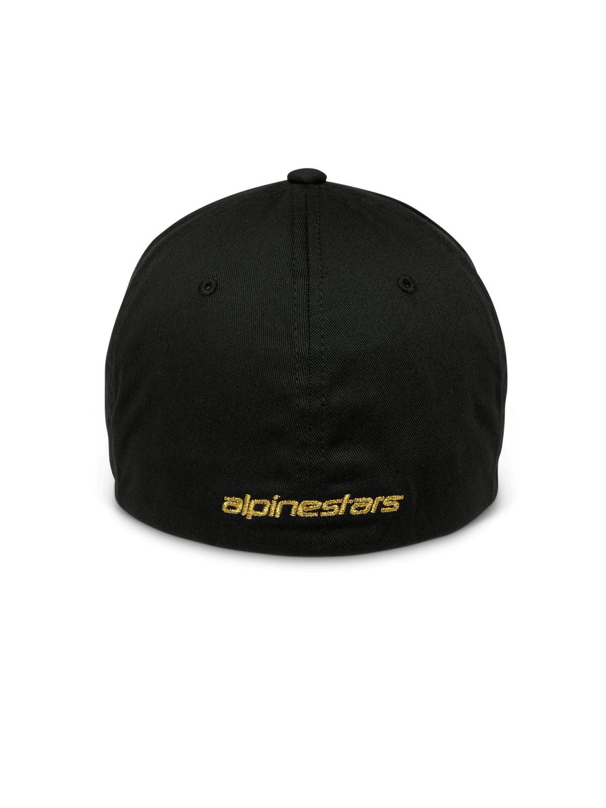 Alpinestars Gild Hat, Black Sportswear Cap, back view with gold metallic flat Alpinestars embroidery, closed flex back design, structured crown, casual motorsport-inspired headwear
