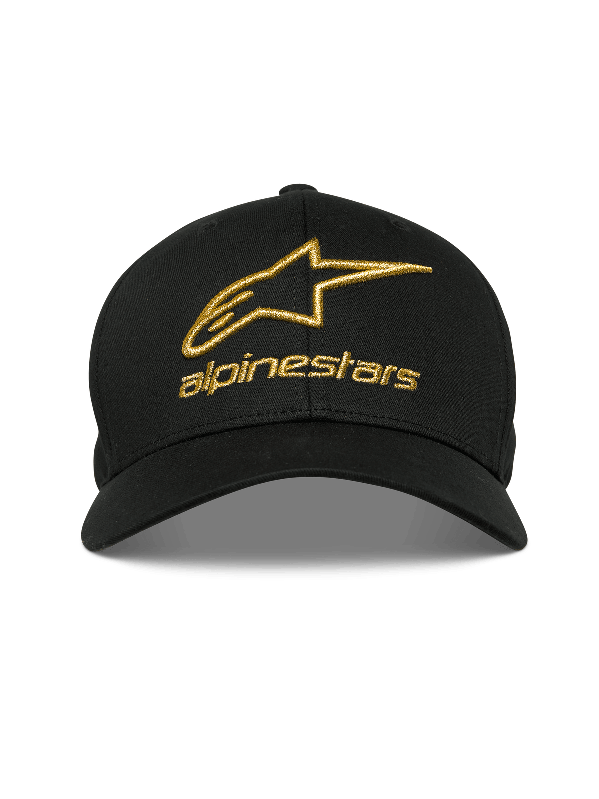 Alpinestars Gild Hat, Black, Gold Metallic 3D Embroidery Alpinestars Logo, Curved Bill with Structured Crown, Casual Motorsport Sportswear