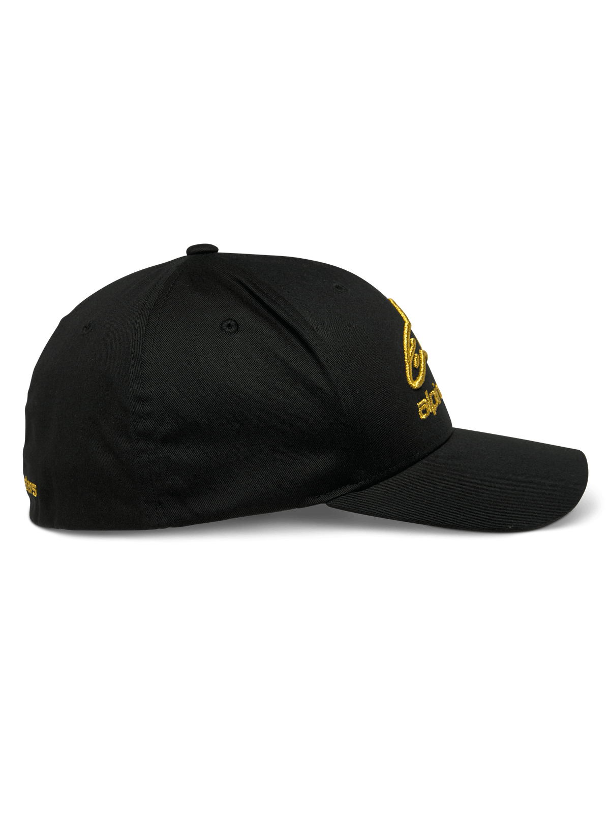 Alpinestars Gild Hat, Sportswear Cap, Black and Gold, side profile view featuring curved bill, structured crown, and gold metallic 3D embroidery on front and side, stretch twill fabric