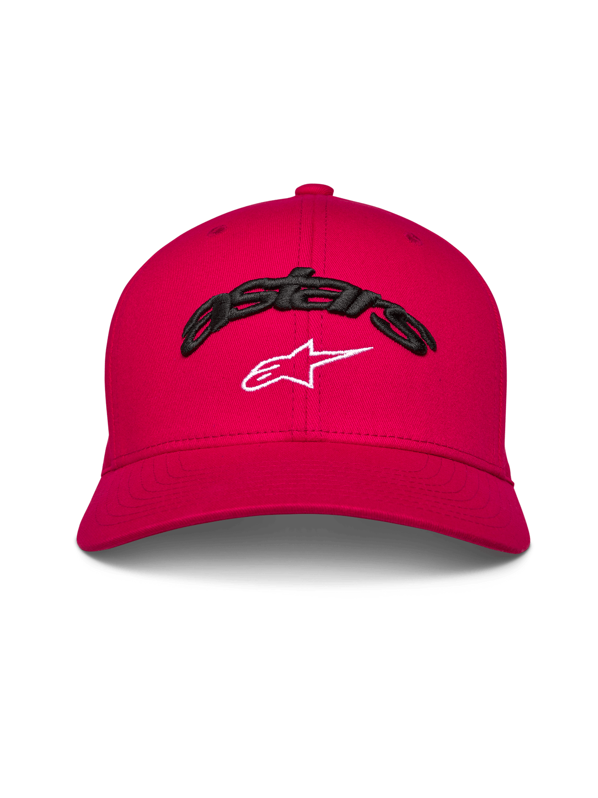 Alpinestars Arcstars Hat, röd baseballkeps med svart 3D-broderad Astars-text och vit stjärnlogotyp, böjd skärm, strukturerad krona, casual motorsport-inspirerad huvudbonad