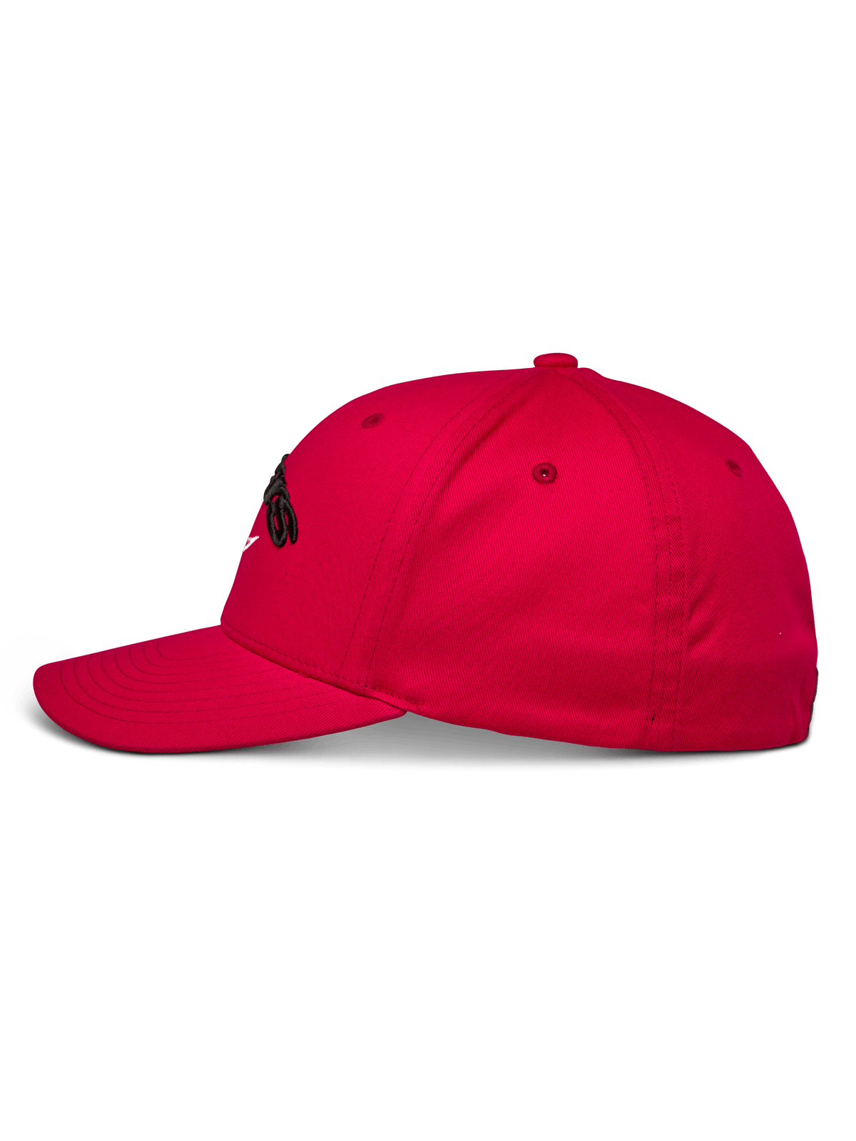 Alpinestars Arcstars Hat, röd baseballkeps, profilvy från sidan, strukturerad krona med böjd skärm, svart 3D-broderad Astars-logotyp, casual motorsportkläder