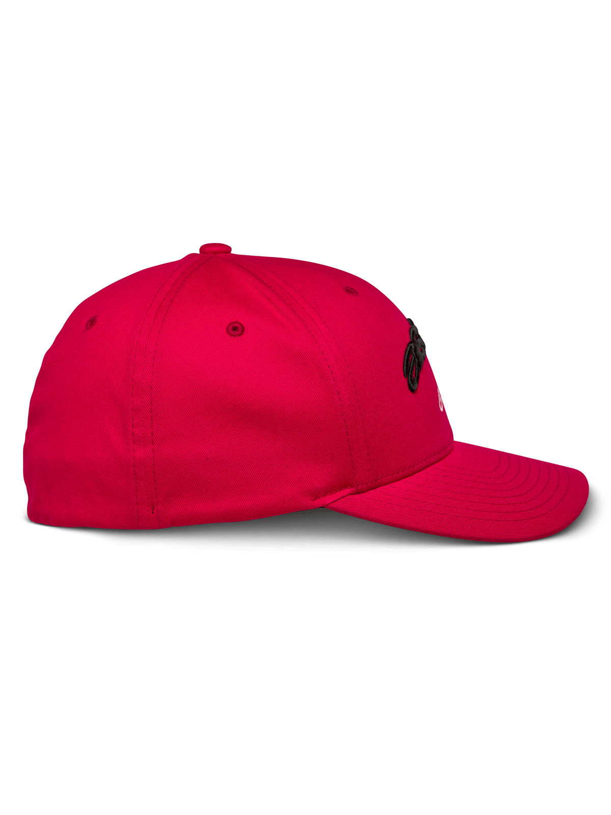 Alpinestars Arcstars Hat, röd, sidovy, strukturerad baseballkeps med böjd skärm, stretch-twill-material, svart 3D-broderi, casual sportkläder
