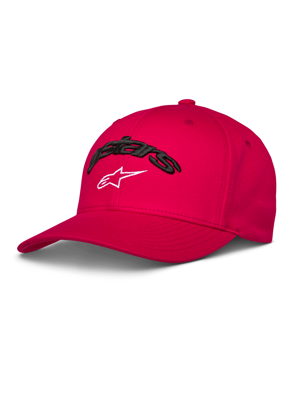 Alpinestars Arcstars Hat, röd baseballkeps med böjd skärm och strukturerad krona, svart 3D-broderad Astars-logotyp och vit stjärna, casual motorsport-sportkläder