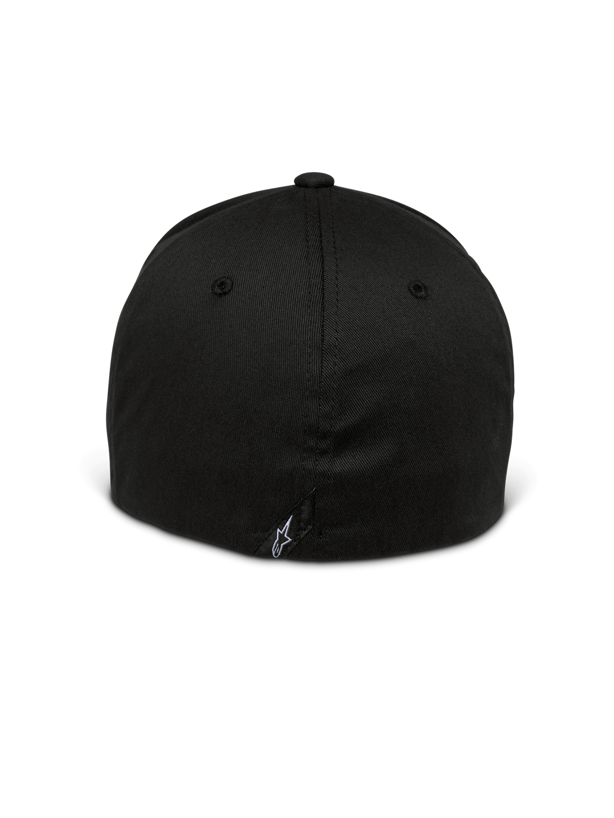Alpinestars Setting Keps, svart keps med elastisk baksida, baksida som visar stängd flex-design, liten vit broderad stjärnlogotyp på den nedre sömmen, strukturerad krona i stretch-twill