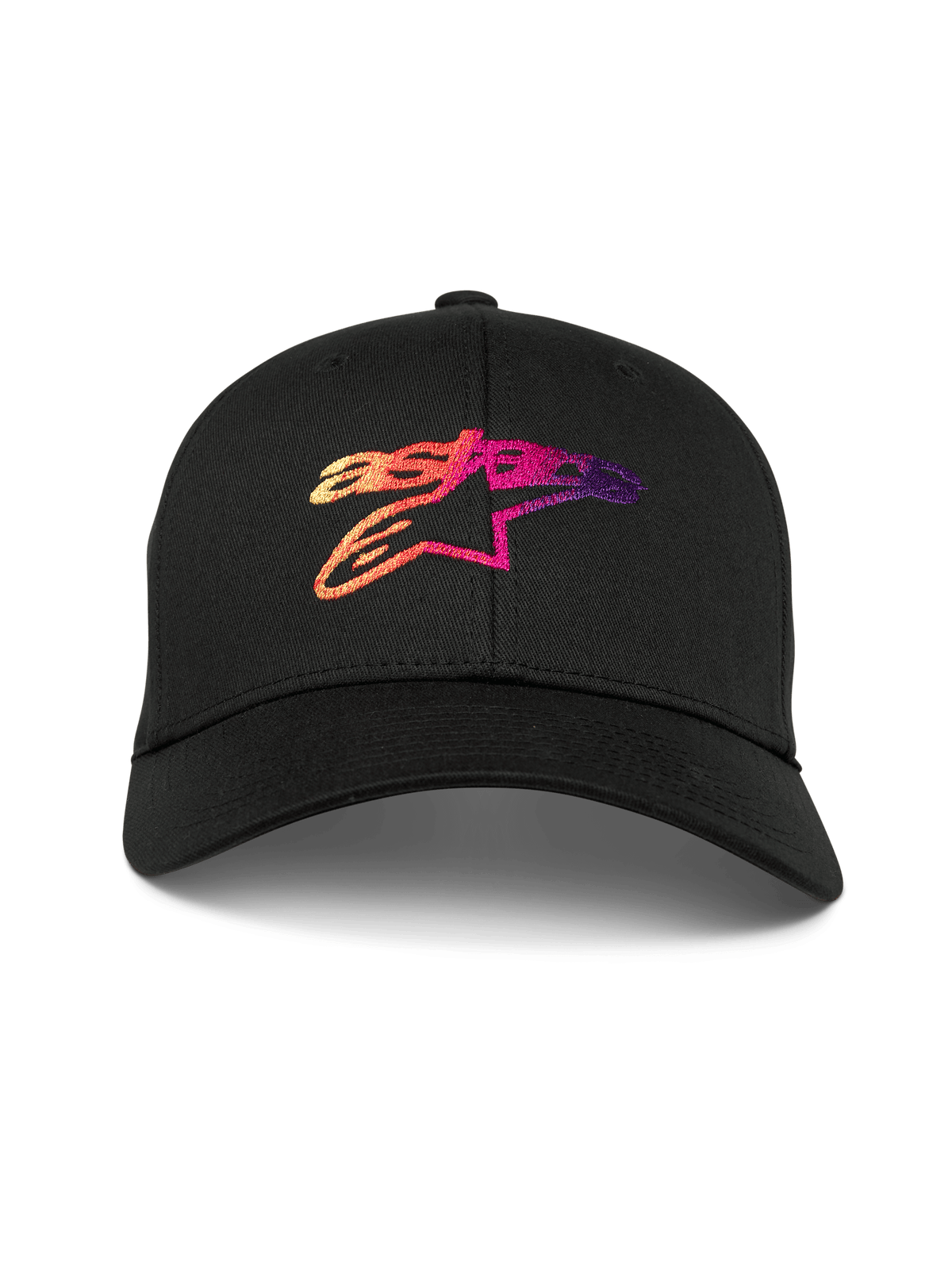 Alpinestars Setting Keps, svart baseballkeps med böjd skärm, med en 3D-broderad Astar-logotyp med färgtoning i orangea, rosa och lila toner, strukturerad krona, casual motorsport-sportswear