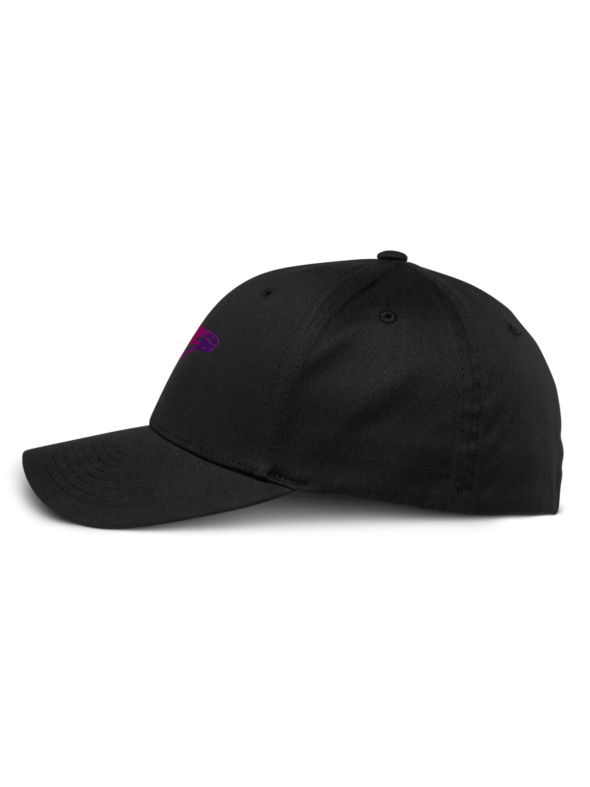 Alpinestars Setting Keps, svart baseballkeps sedd från sidan, böjd skärm med strukturerad krona, lila 3D-broderad logotyp med toning, stretch-twill