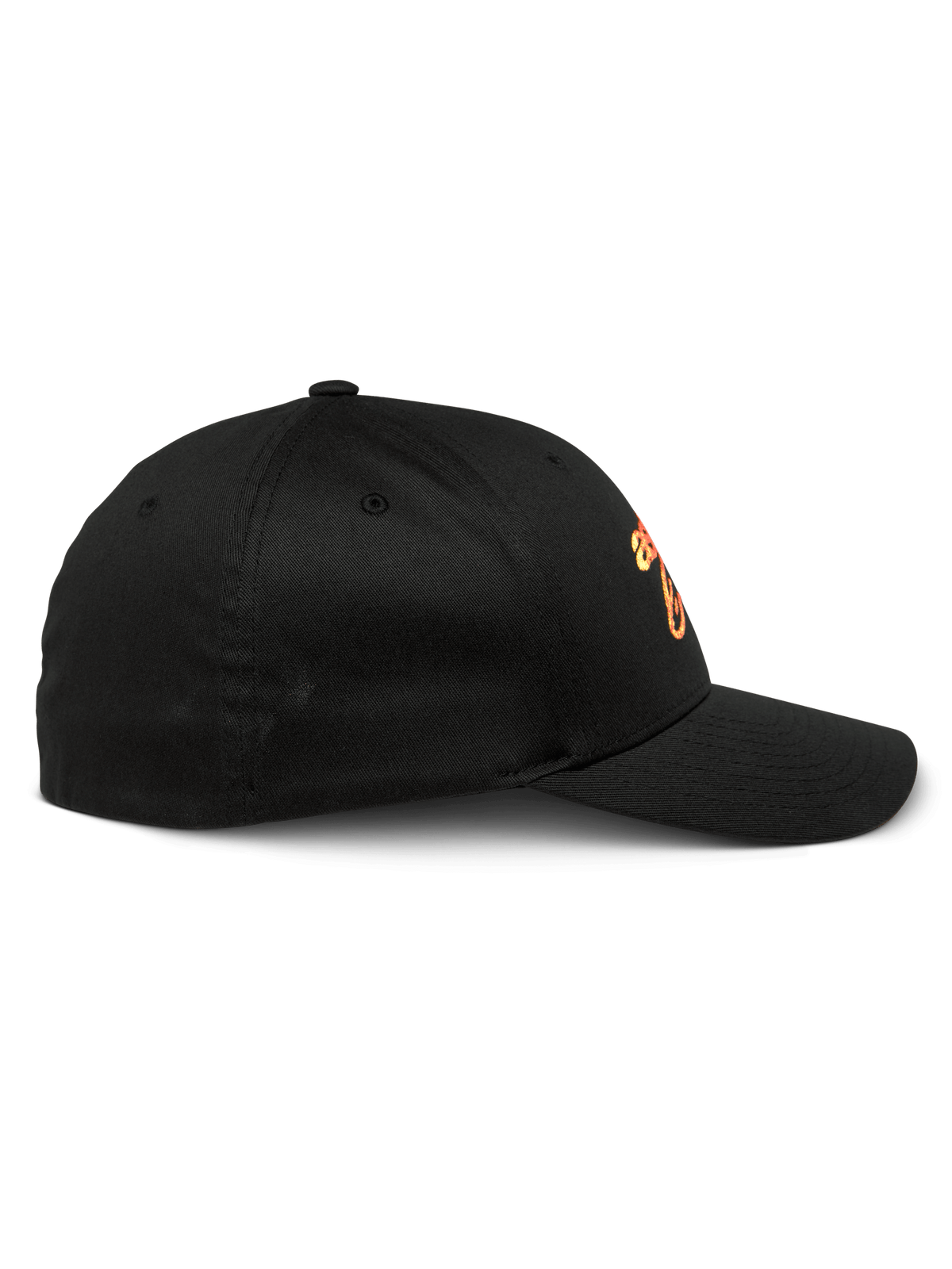 Alpinestars Setting Hat, svart baseballkeps, sidoprofil som visar böjd skärm och strukturerad krona, med orange tonad broderad logotyp, casual sportswear