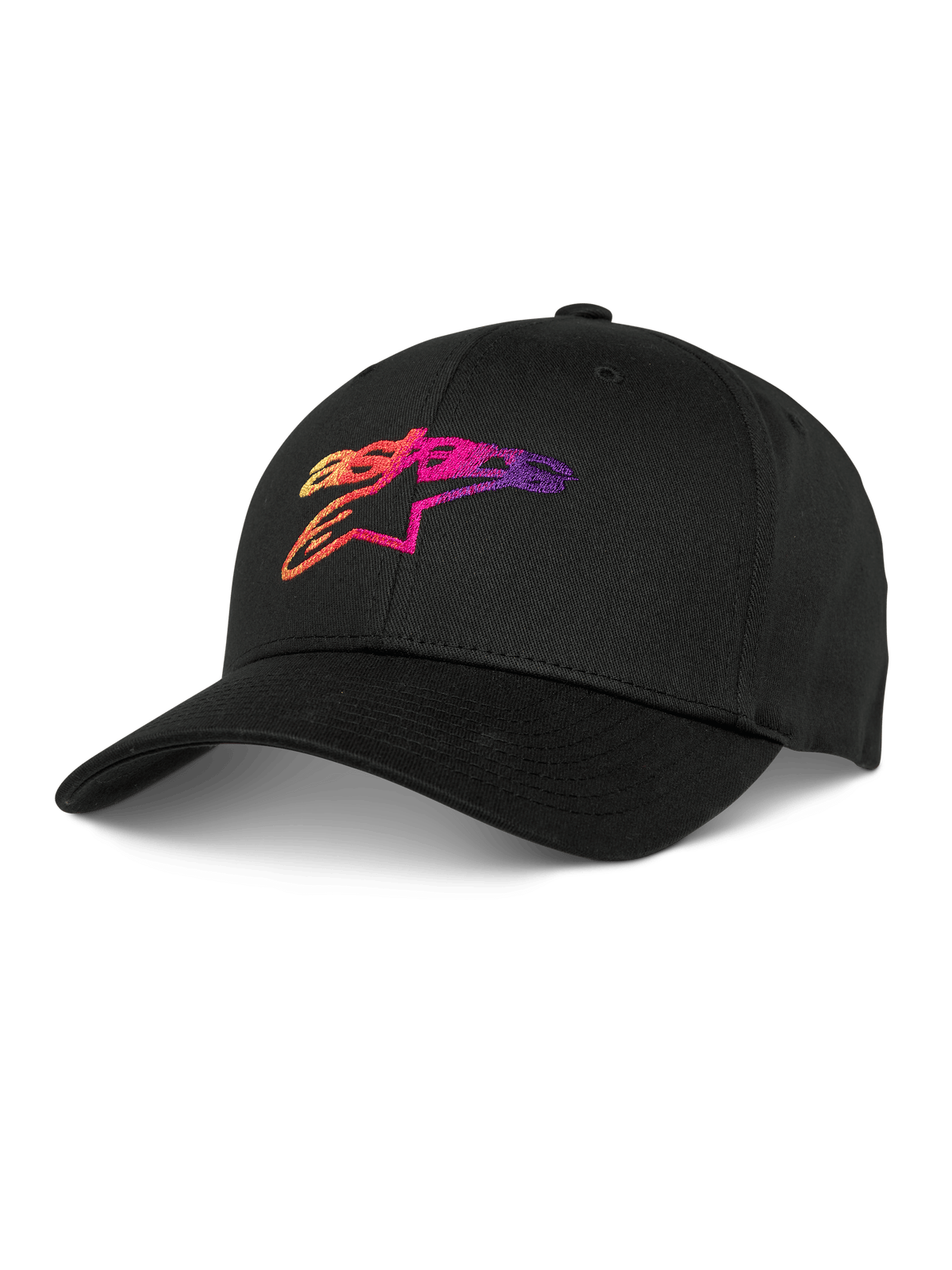 Alpinestars Setting Hat, svart baseballkeps med 3D-broderad logotyp i orange, rosa och lila färgtoning, böjd skärm, strukturerad krona, lifestyle-keps