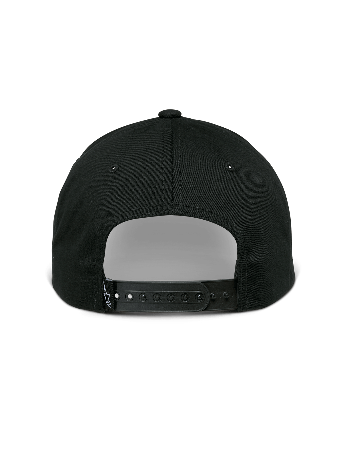 Alpinestars Sessionized Hat, snapback-keps, svart, vy bakifrån med justerbart spänne och liten logotypetikett, bomullstwill, avslappnad motorsport-inspirerad keps