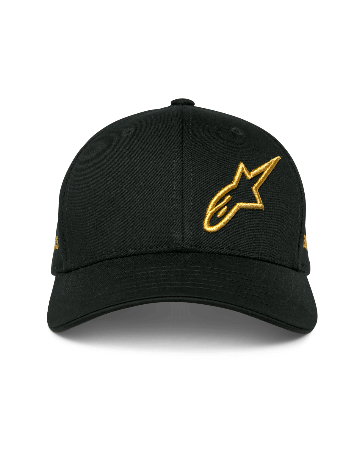 Alpinestars Sessionized Hat, svart snapback-keps med böjd skärm, guld 3D-broderad Astars-logotyp på vänster sida framtill, strukturerad design i bomullstwill, vardaglig motorsport-keps