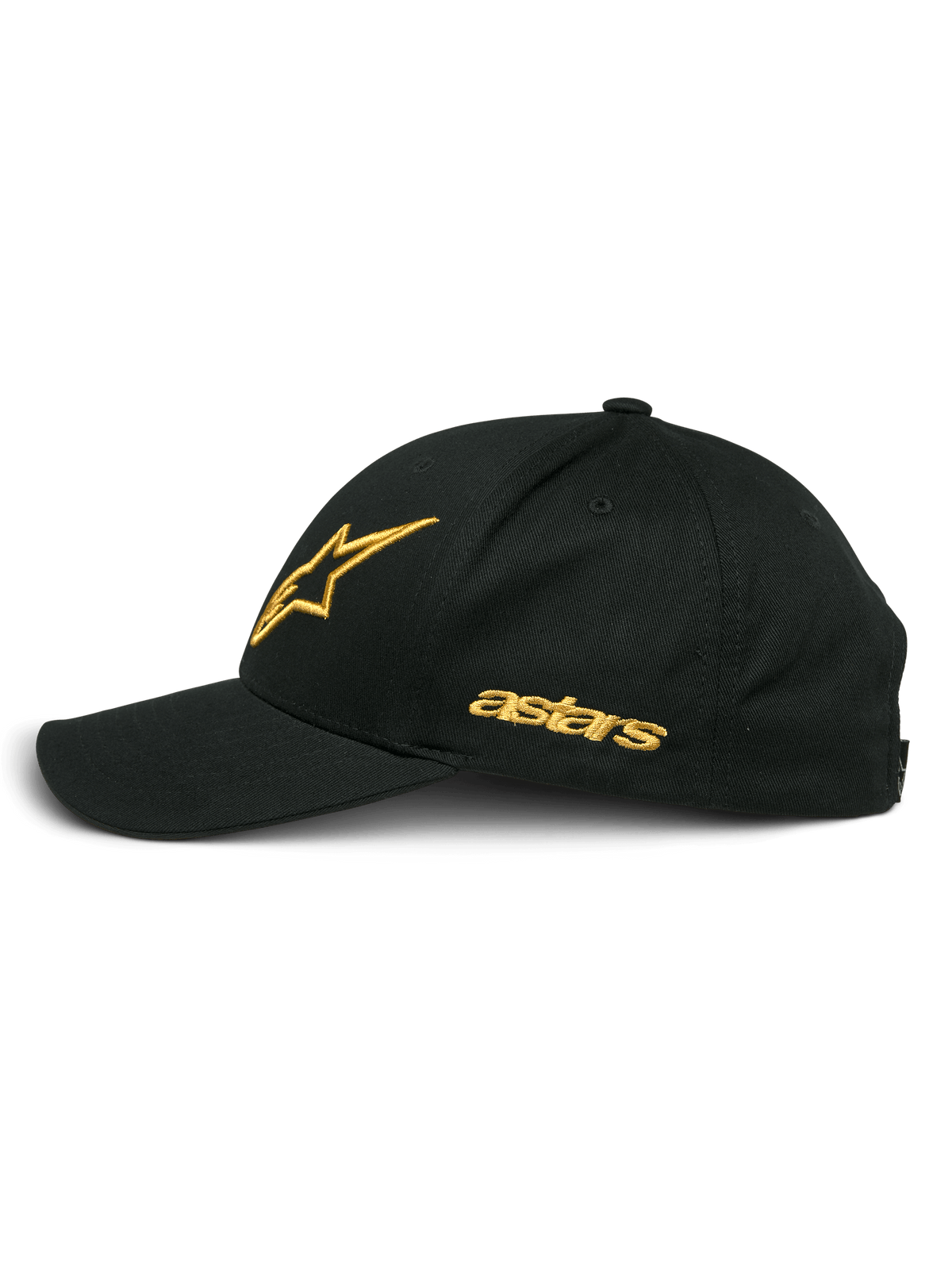 Alpinestars Sessionized keps, svart och guld, profilvy med guldbroderad stjärnlogotyp och astars-text, böjd skärm, strukturerad krona, avslappnad motorsport-inspirerad huvudbonad.