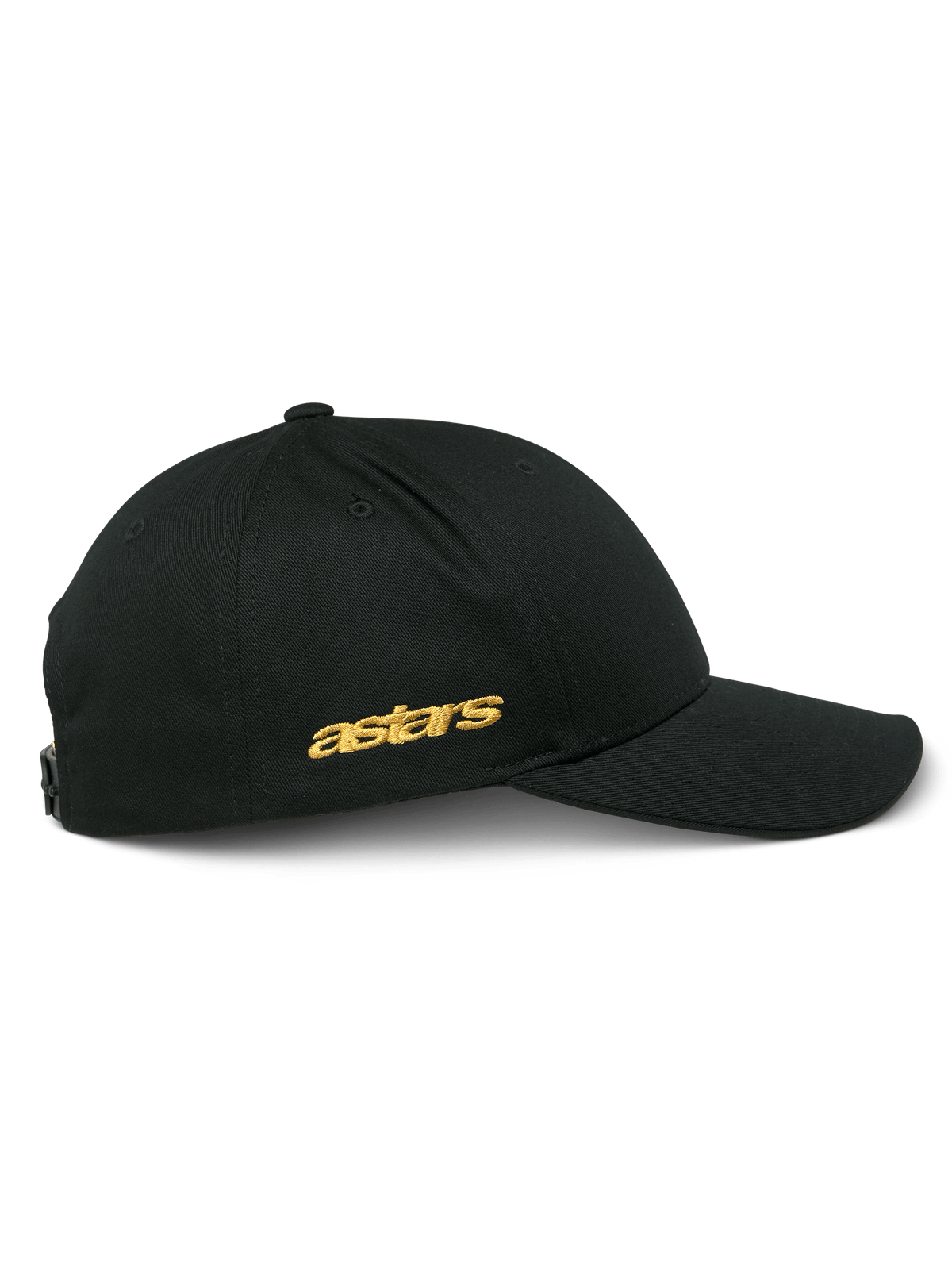 Alpinestars Sessionized Hat, sidovy av svart snapback-keps, guldplatt astars-broderi på sidan, strukturerad krona med böjd skärm, vardaglig motorsportinspirerad huvudbonad