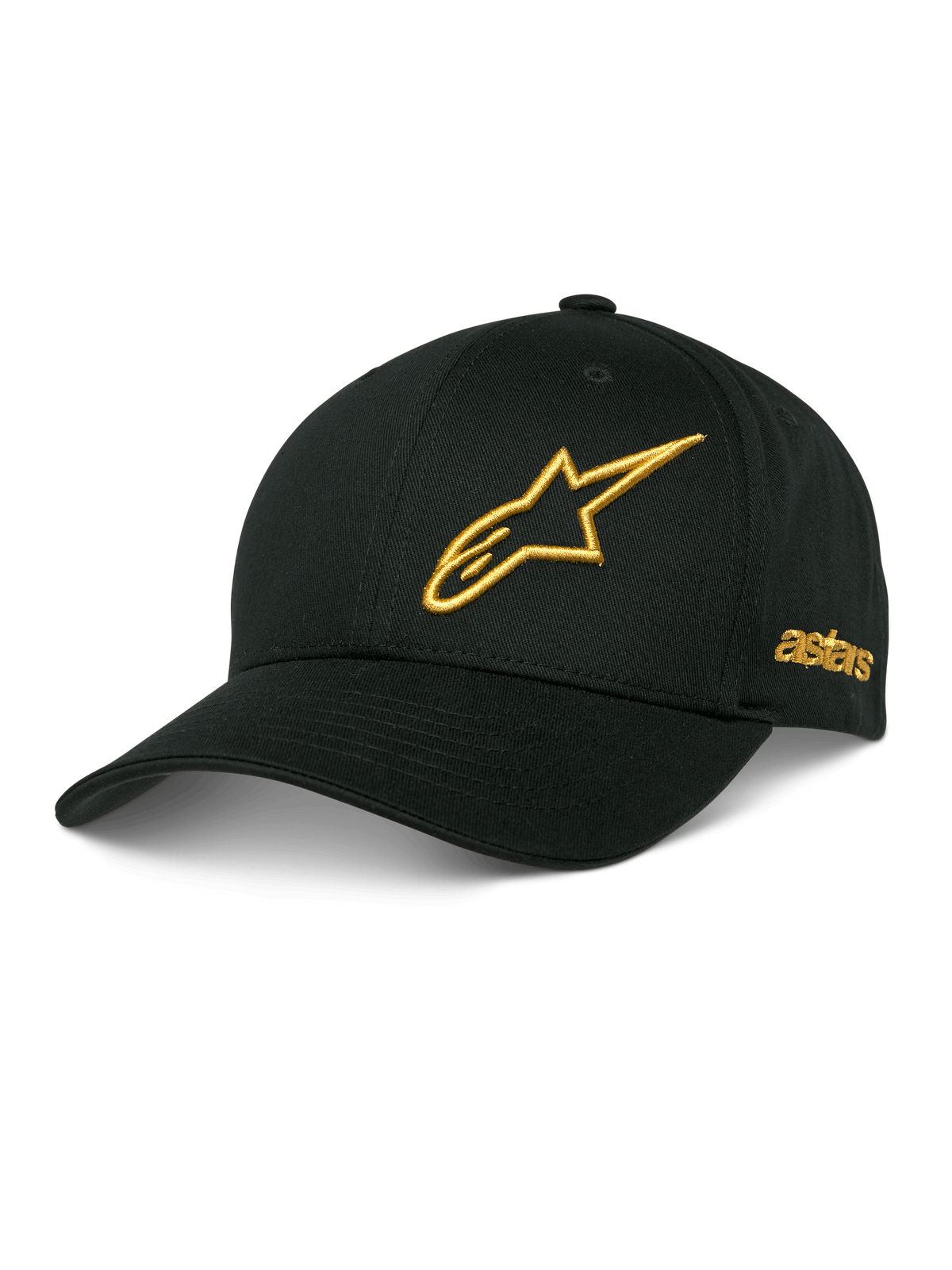 Alpinestars Sessionized keps, svart baseballkeps med guldbroderad 3D-stjärnlogotyp, böjd skärm, astars-broderi på sidorna, huvudbonad i casual motorsport-stil