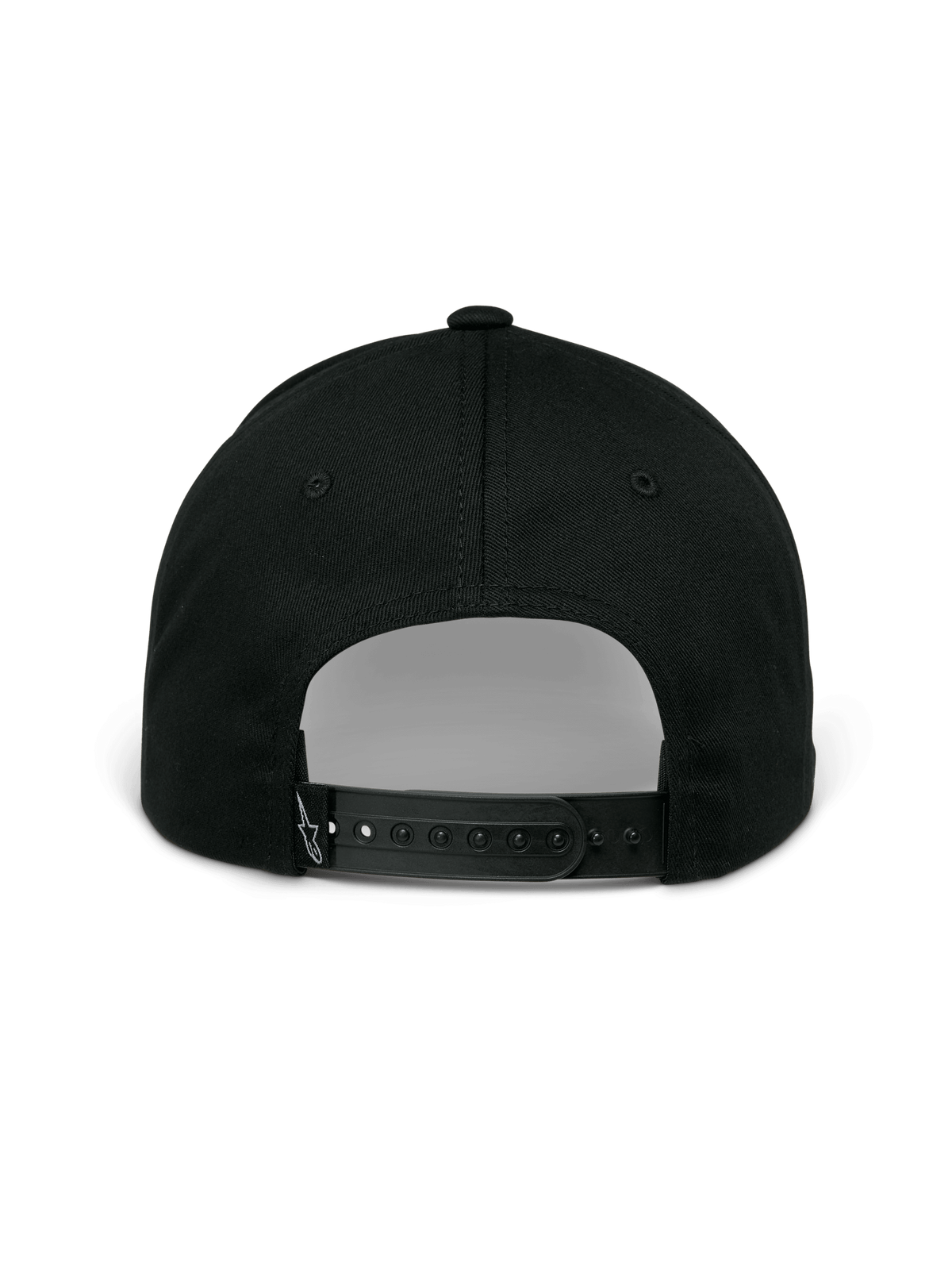 Alpinestars Profile Keps, svart, vy bakifrån som visar justerbar snapback-knäppning, strukturerad krona och liten vit broderad logotyp på bakre remmen, casual sportswear.