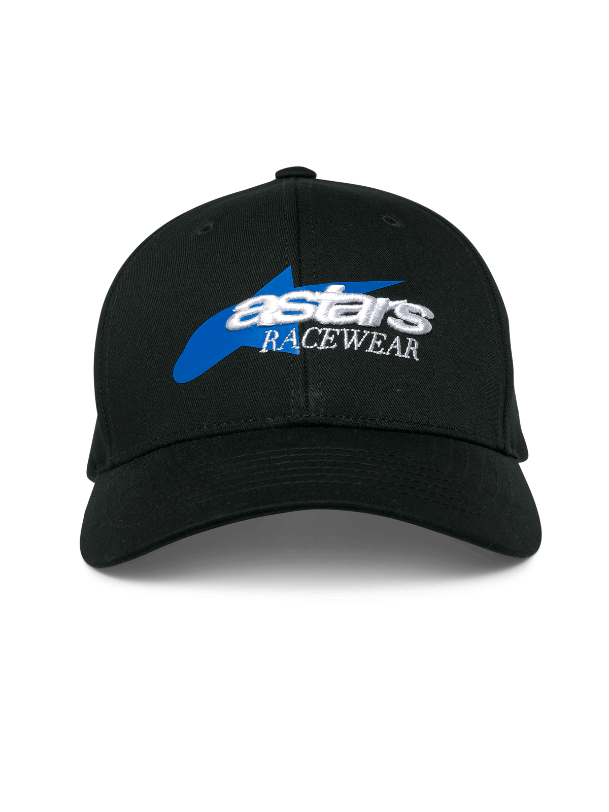 Alpinestars Profile-keps, svart baseballkeps med blå stjärngrafik och vit 3D-broderad 'astars RACEWEAR'-logotyp, strukturerad krona och böjd skärm, casual motorsport-huvudbonad