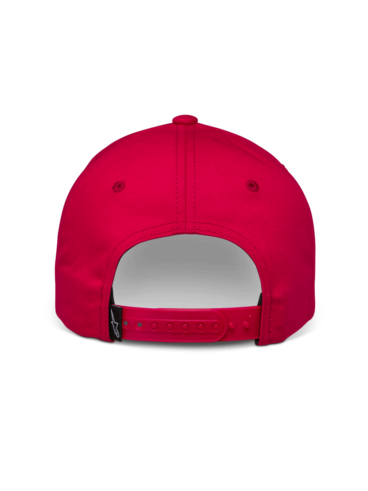 Alpinestars Profile Hat, röd snapback-keps, baksida som visar justerbart spänne och liten svart Alpinestars logotyp-etikett, bomullstwill, vardagligt motorsporttillbehör